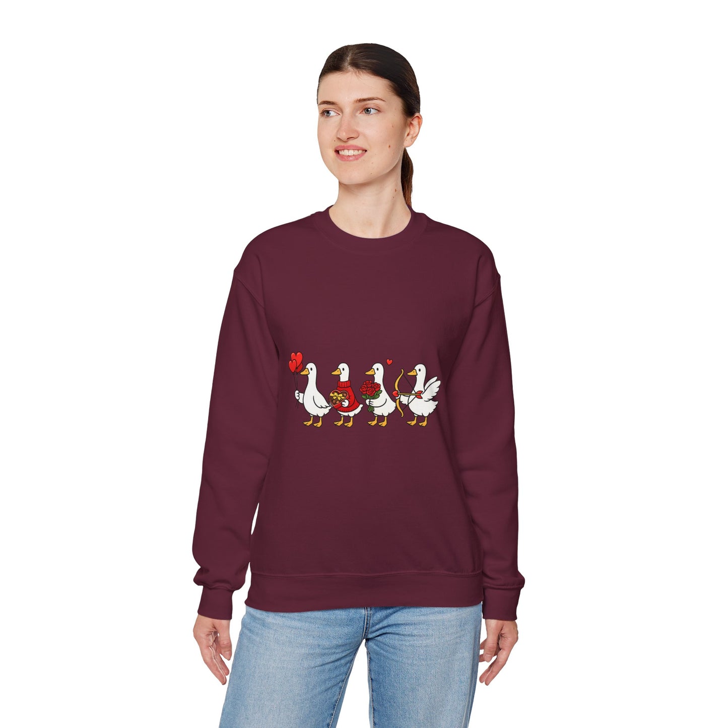 Geese Parade Crewneck Sweatshirt – Cute Valentine Ducks Holding Hearts Graphic