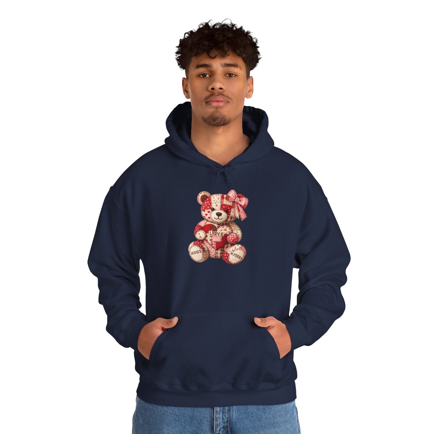 Teddy Bear Hoodie — Vintage Patchwork Bear Design with Bow