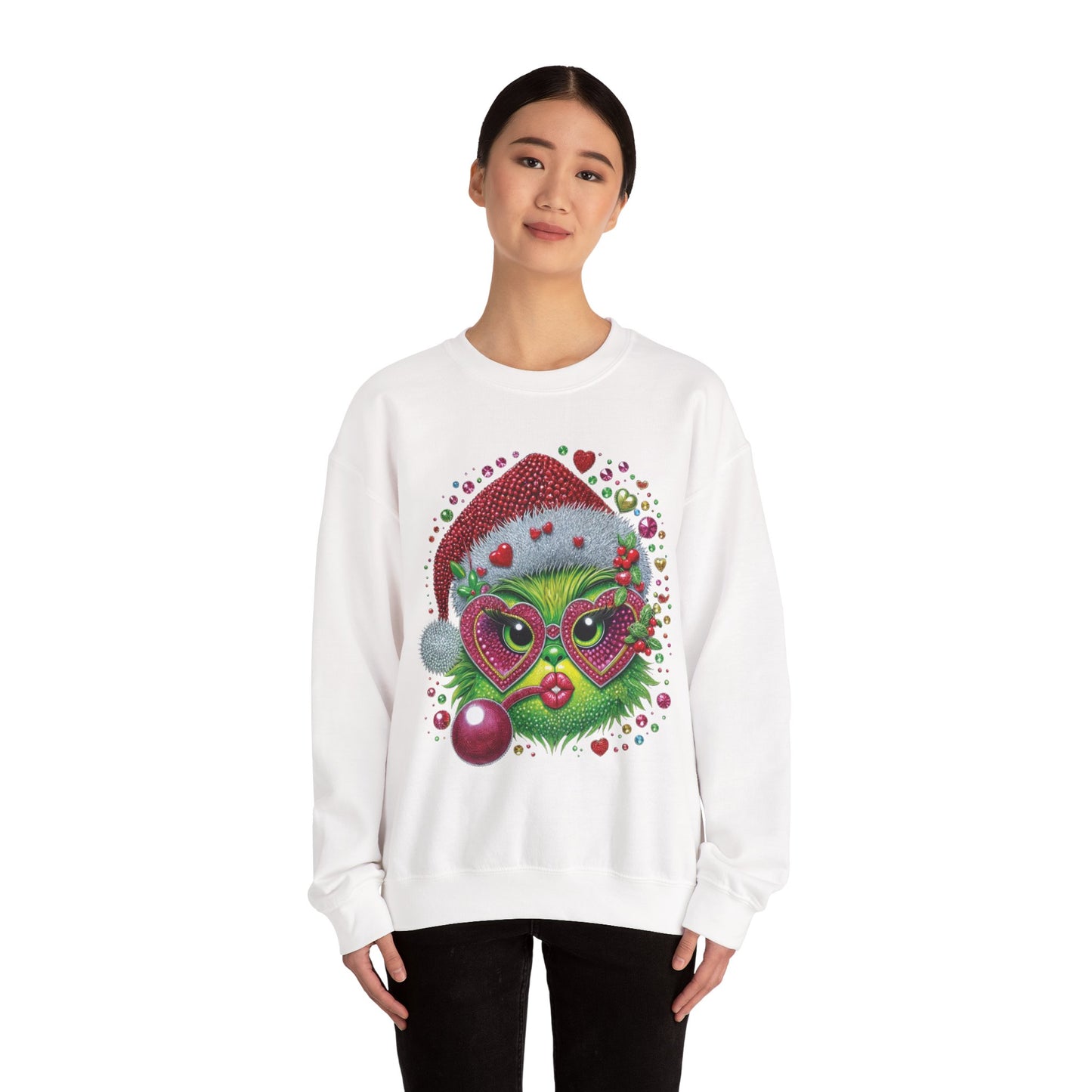 Christmas Grinch Cat Sweatshirt — Festive Santa Hat & Heart Sunglasses Holiday Crewneck