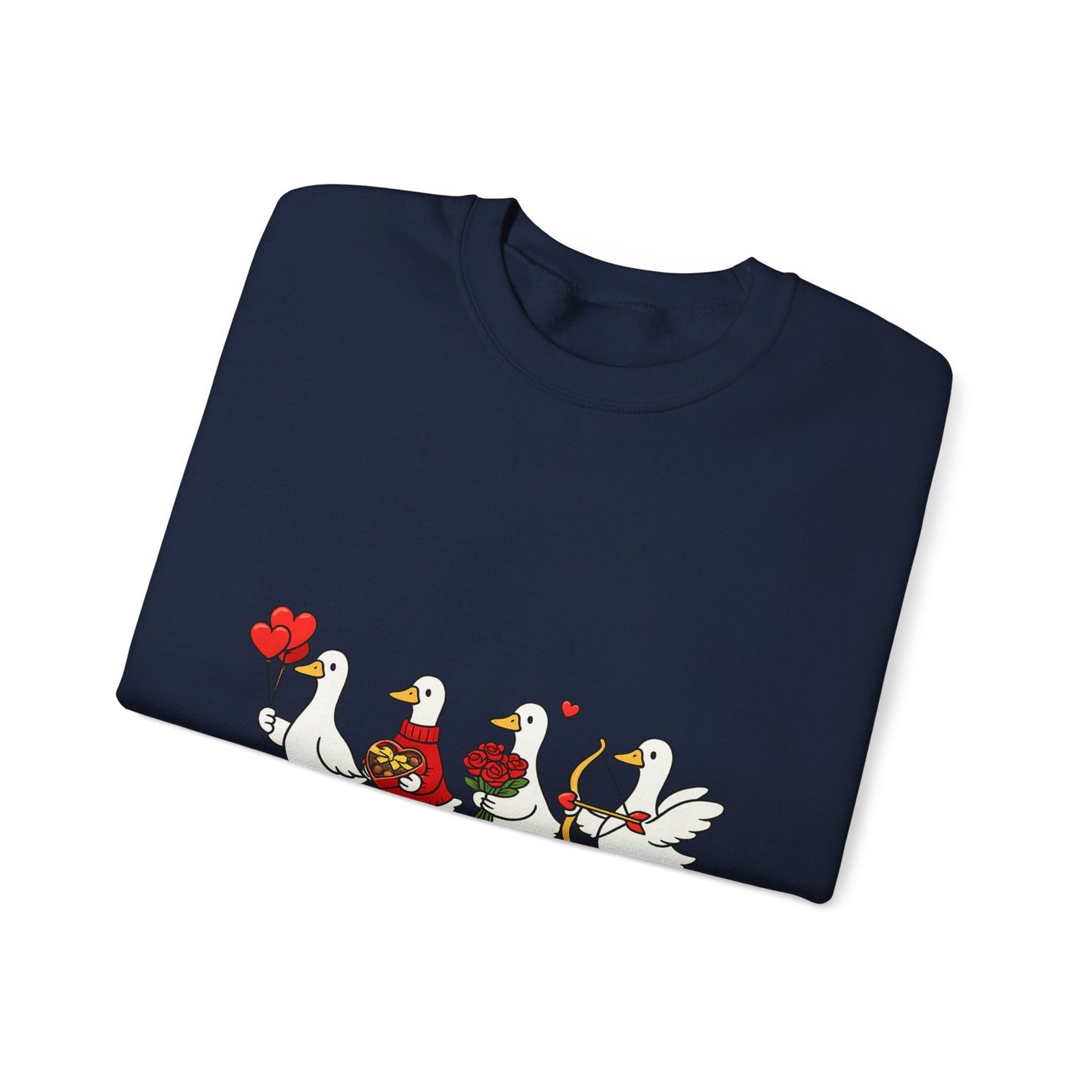 Geese Parade Crewneck Sweatshirt – Cute Valentine Ducks Holding Hearts Graphic
