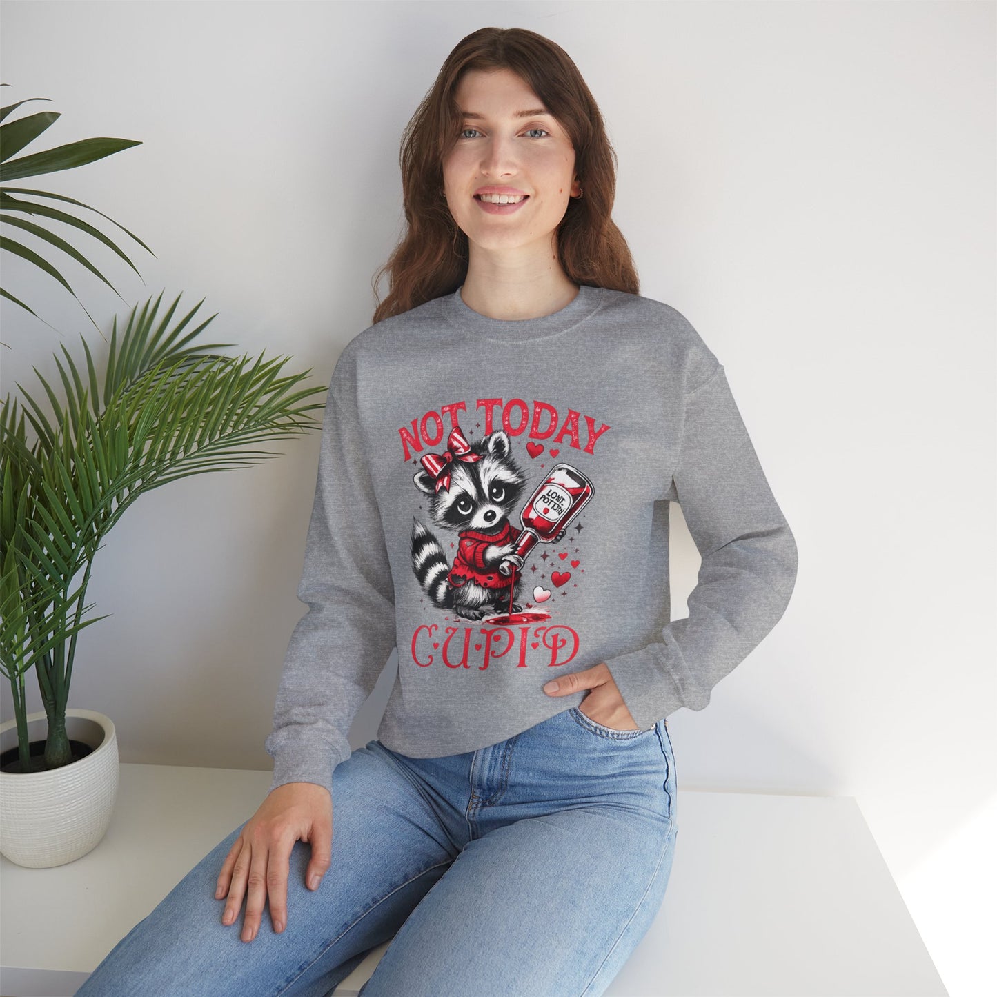 Not Today Cupid Sweatshirt — Cute Raccoon Anti-Valentine Crewneck