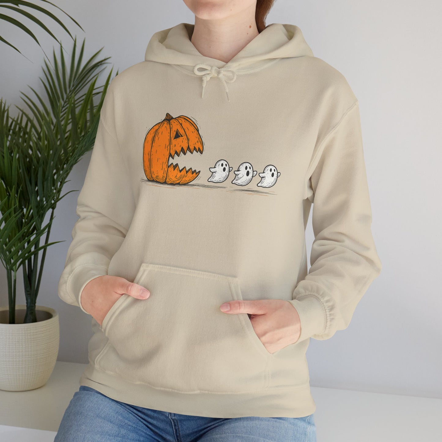 Spooky Ghosts & Pumpkin Hoodie - Unisex Heavy Blend Hoodie, Halloween Apparel, Cozy Fall Layer, Ghost Lovers Gift, Autumn Style