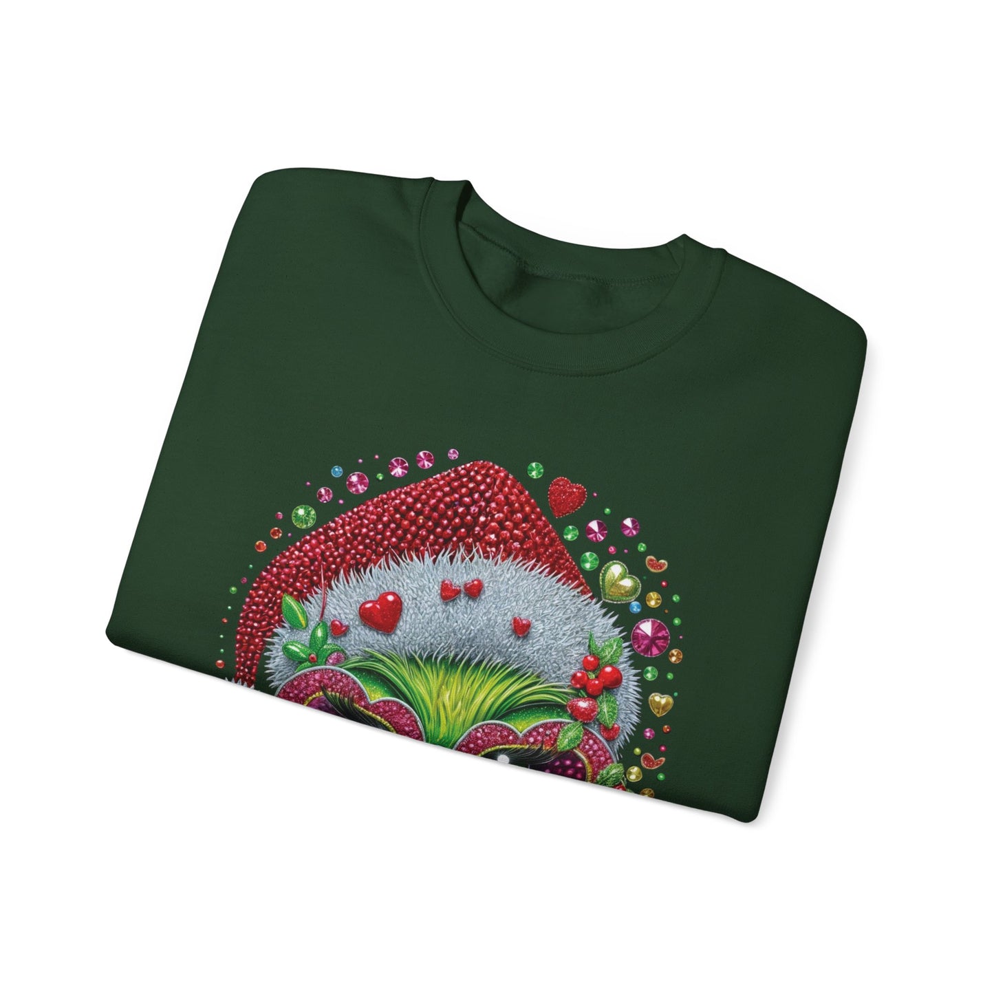 Christmas Grinch Cat Sweatshirt — Festive Santa Hat & Heart Sunglasses Holiday Crewneck