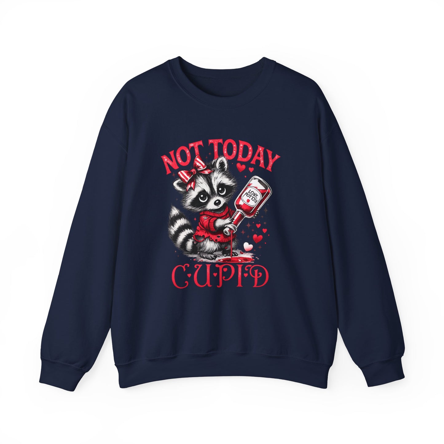 Not Today Cupid Sweatshirt — Cute Raccoon Anti-Valentine Crewneck