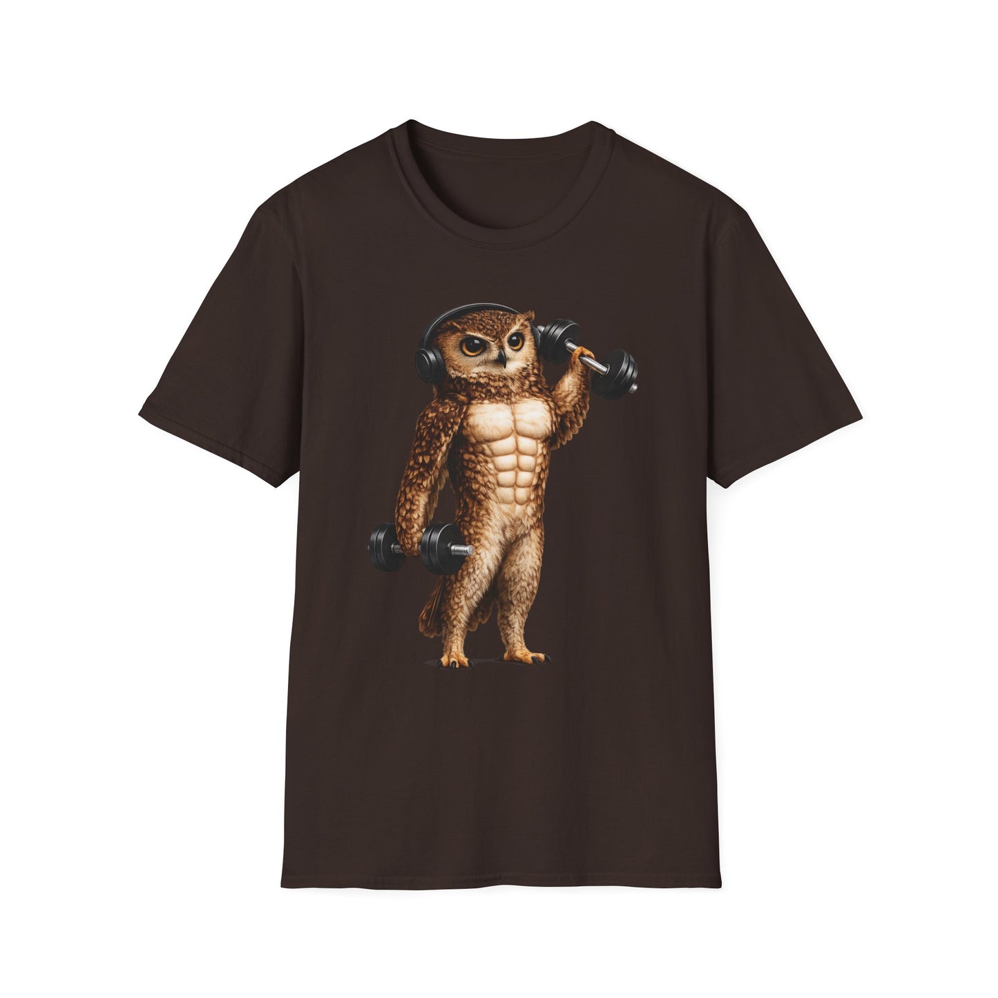 Fitness Owl T-Shirt — Muscular Owl Lifting Dumbbells Graphic Tee
