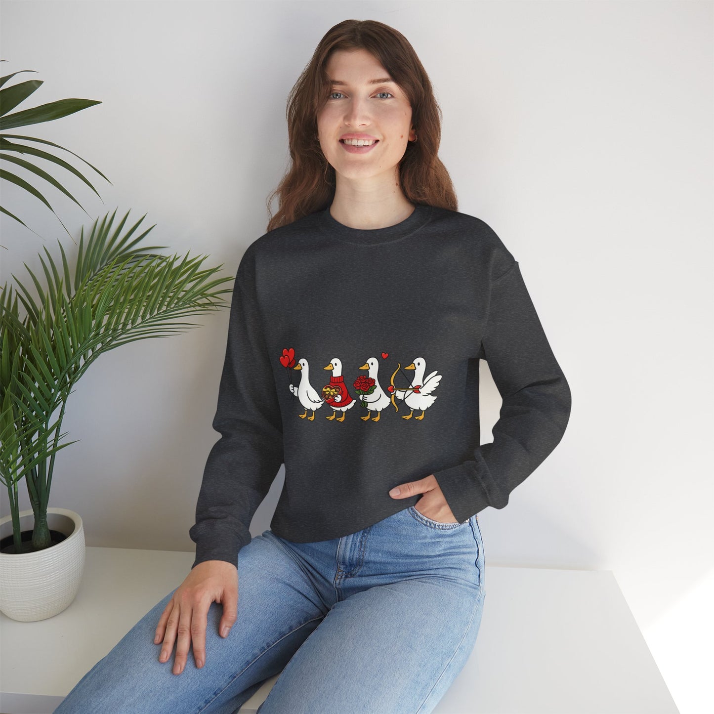 Geese Parade Crewneck Sweatshirt – Cute Valentine Ducks Holding Hearts Graphic
