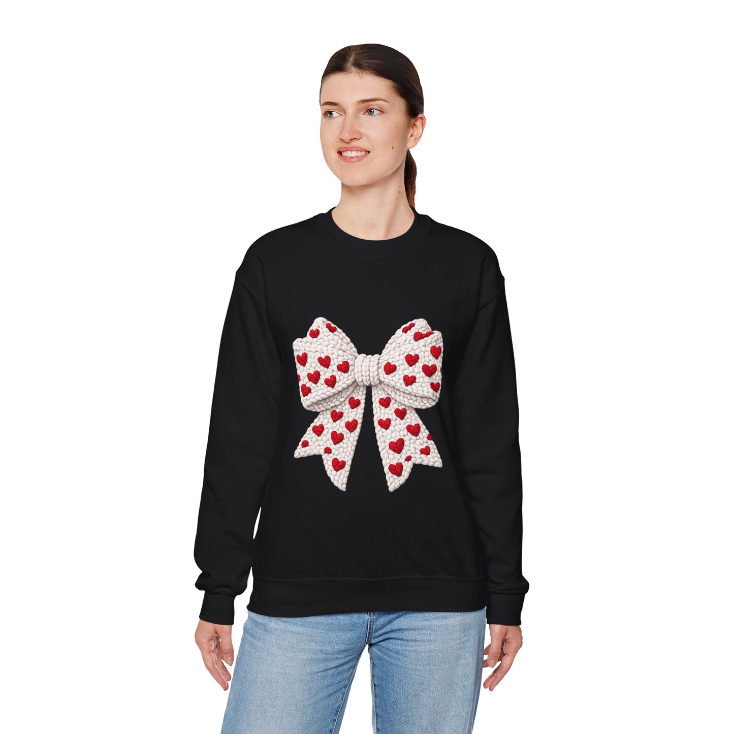 Crewneck Sweatshirt — Knit Heart Bow Graphic (Valentine’s Day, Cute Cozy Pullover)