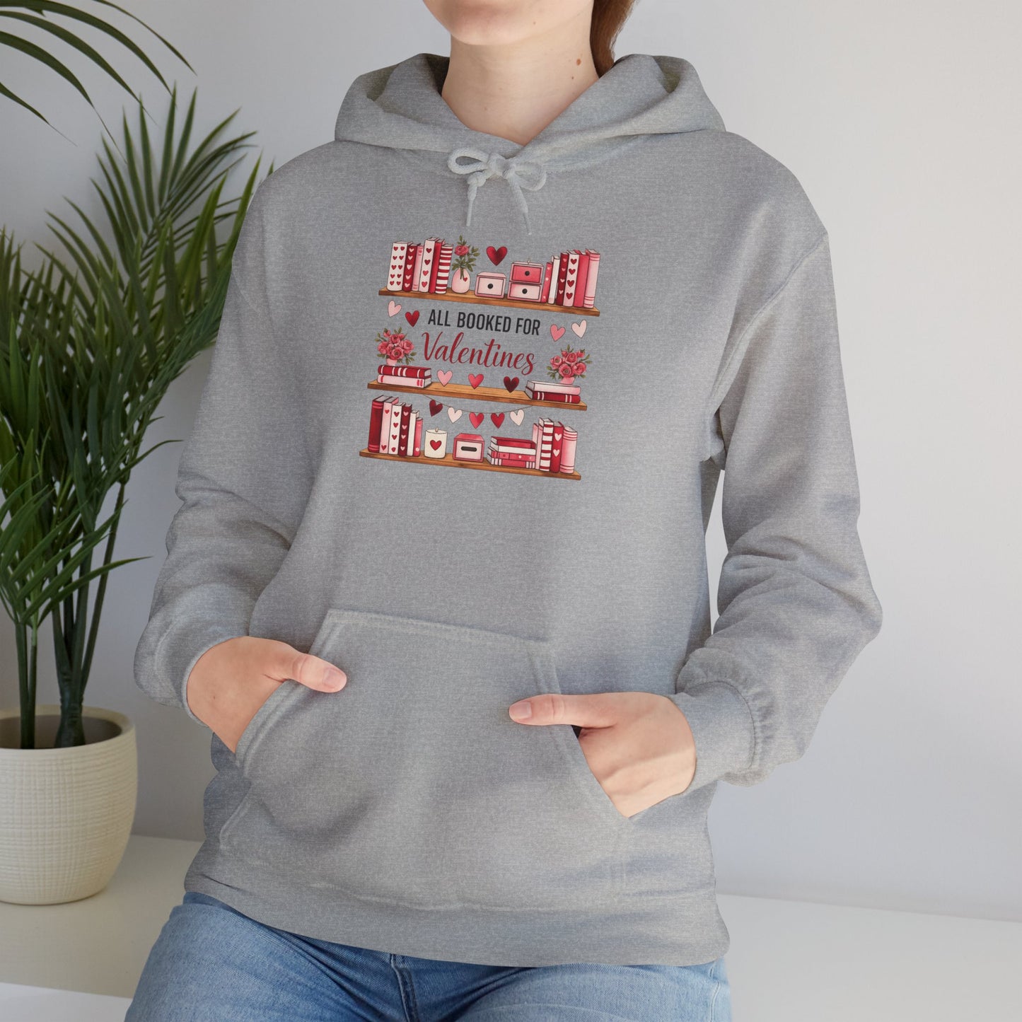 Valentine’s Day Cozy Hoodie – “All Booked for Valentine’s” Cute Bookshop Graphic