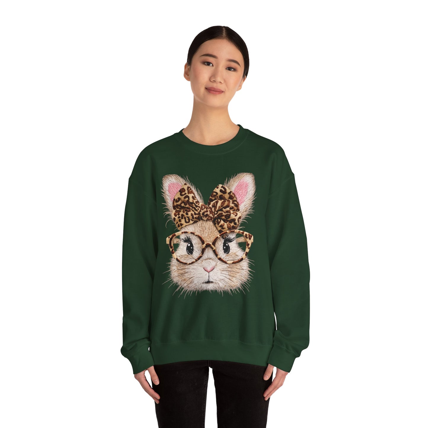 Bunny with Leopard Bow Sweatshirt – Cute Bunny Face with Glasses Graphic Crewneck