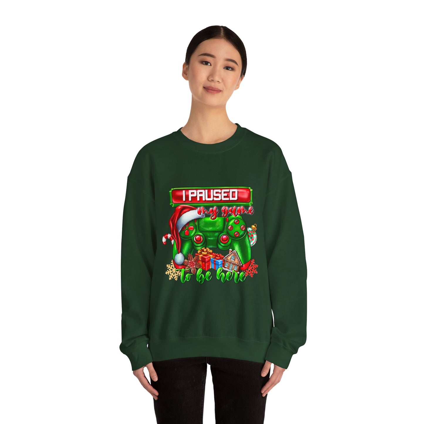 Gaming Christmas Sweatshirt — "I Paused My Game to Be Here" Controller Holiday Crewneck