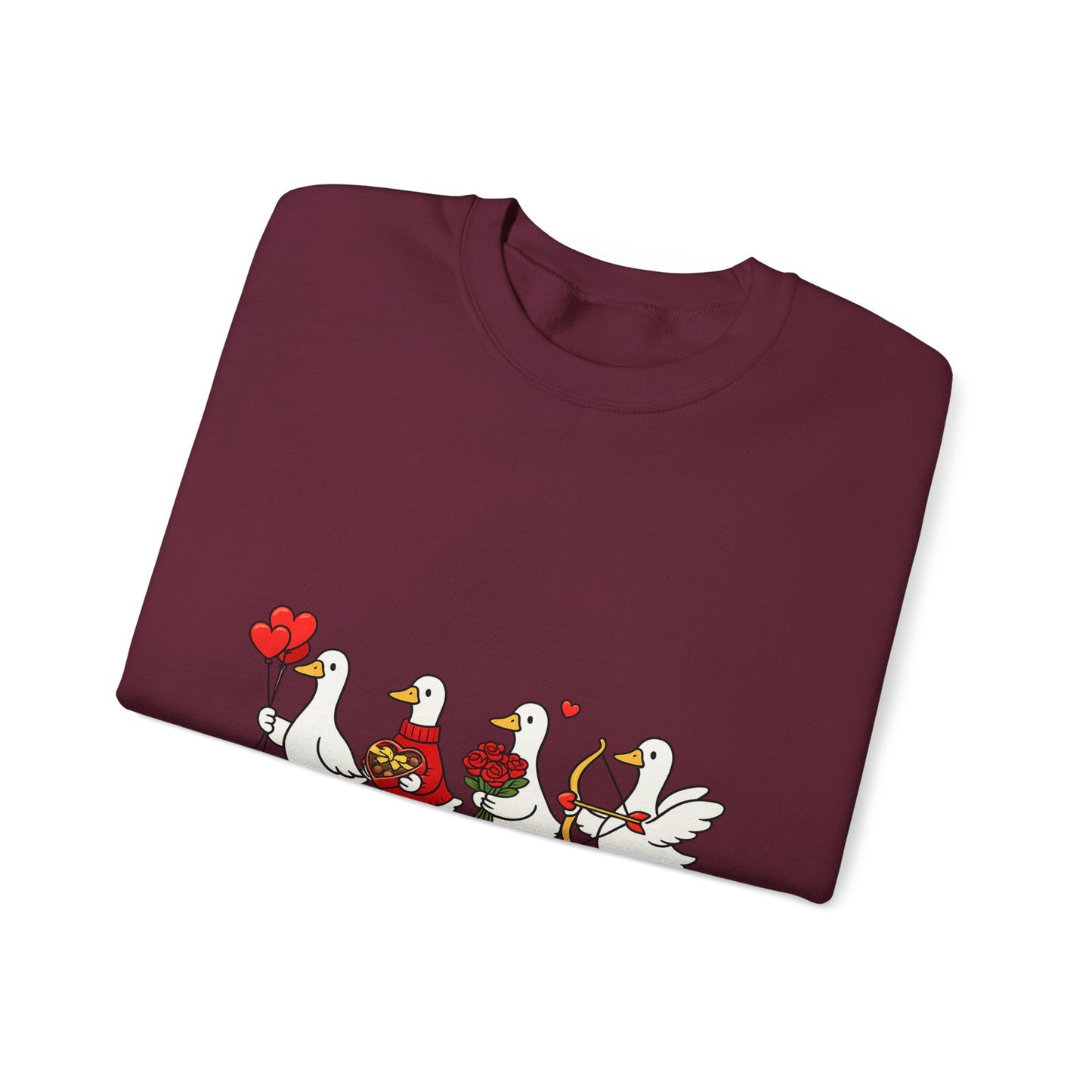 Geese Parade Crewneck Sweatshirt – Cute Valentine Ducks Holding Hearts Graphic