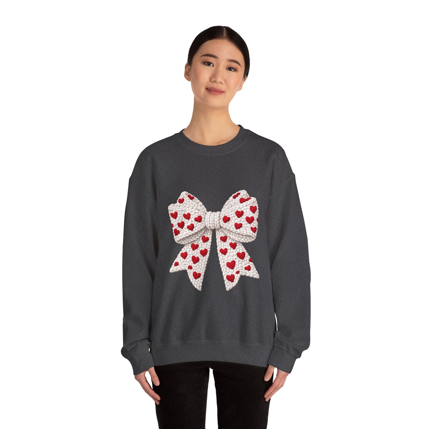 Crewneck Sweatshirt — Knit Heart Bow Graphic (Valentine’s Day, Cute Cozy Pullover)