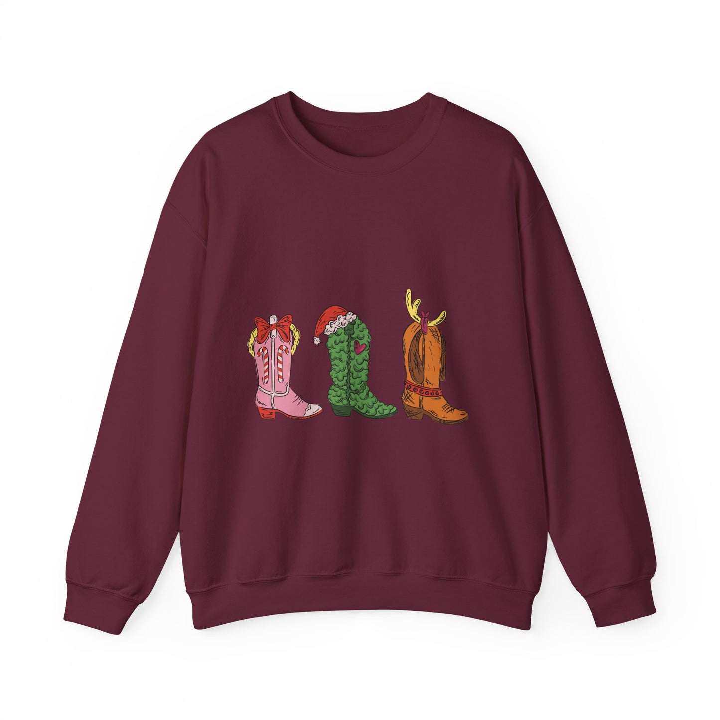 Christmas Cowboy Boots Crewneck Sweatshirt — Festive Western Holiday Sweatshirt