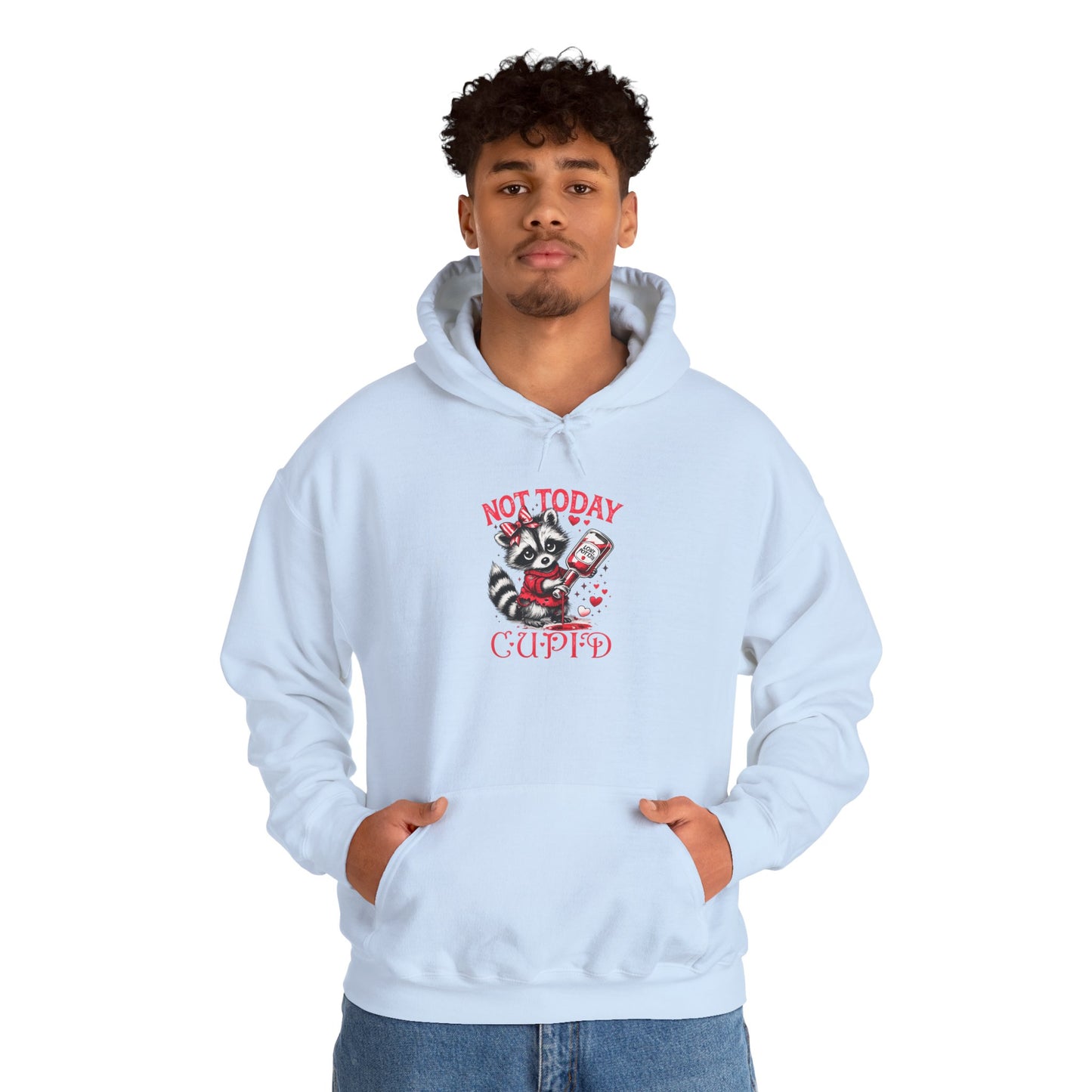 Not Today Cupido Raccoon Hoodie — Funny Valentine Anti-Love Sweatshirt