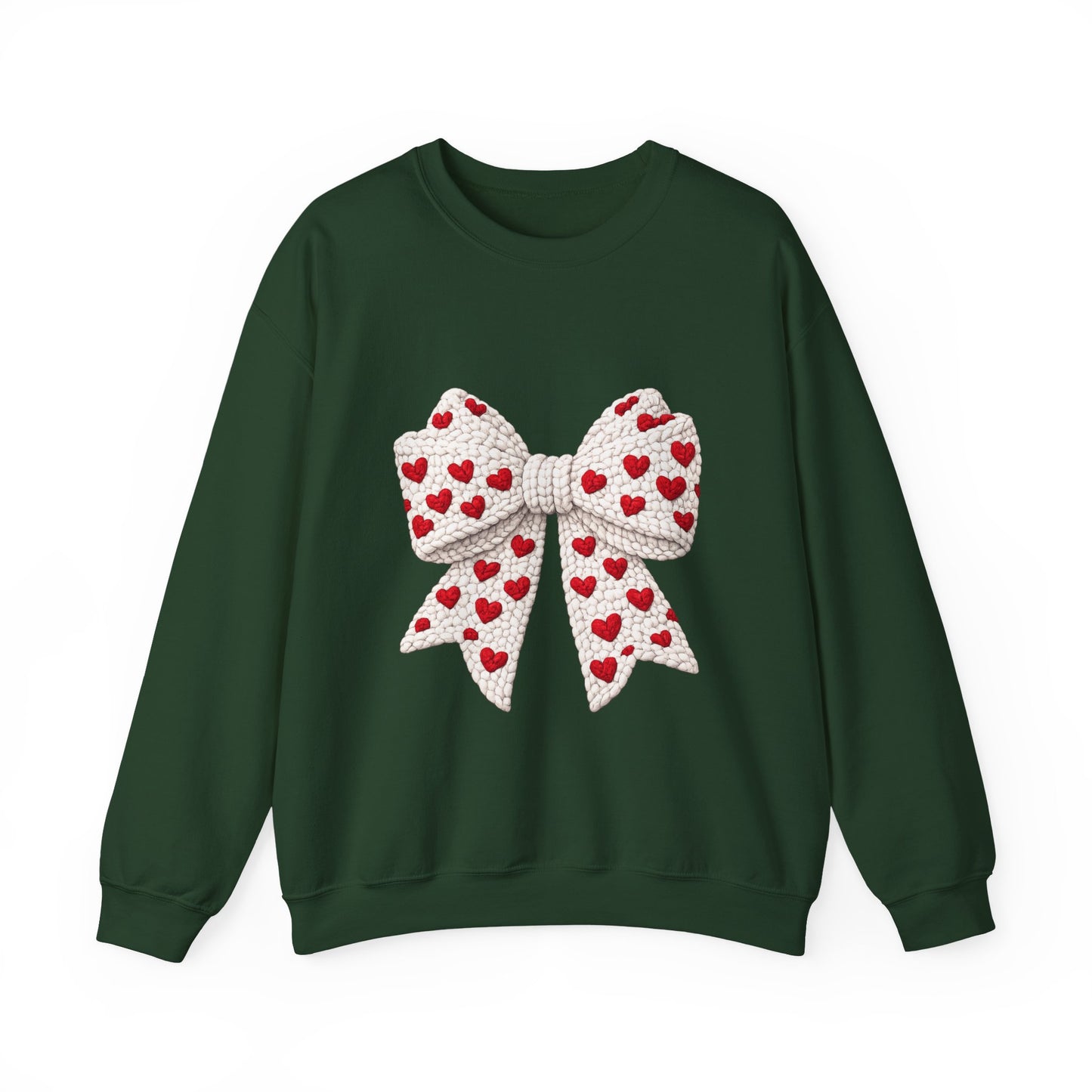 Crewneck Sweatshirt — Knit Heart Bow Graphic (Valentine’s Day, Cute Cozy Pullover)