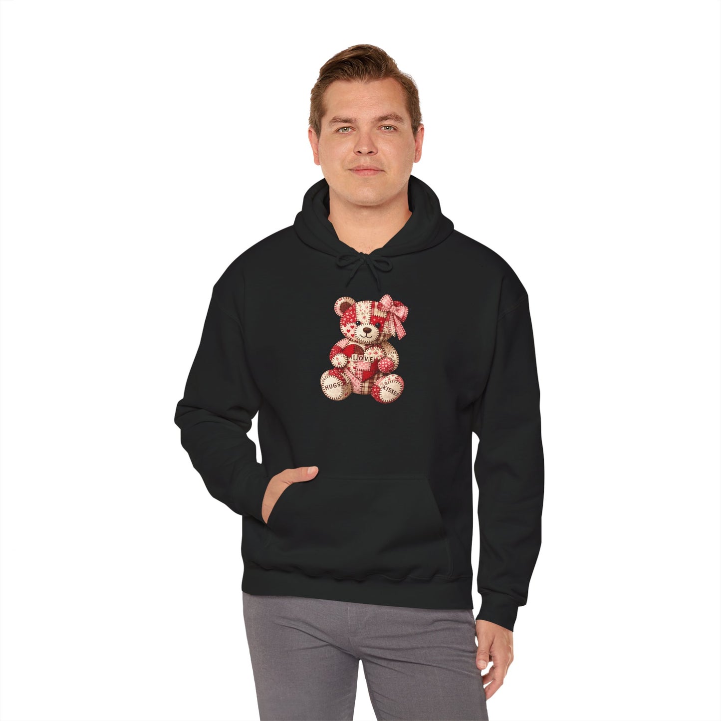 Teddy Bear Hoodie — Vintage Patchwork Bear Design with Bow