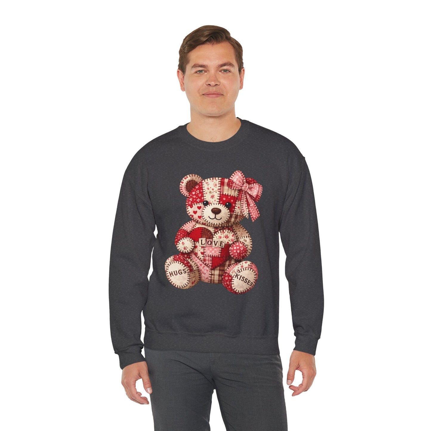 Valentine Patchwork Teddy Sweatshirt — 'Love' Hugs & Kisses Crewneck
