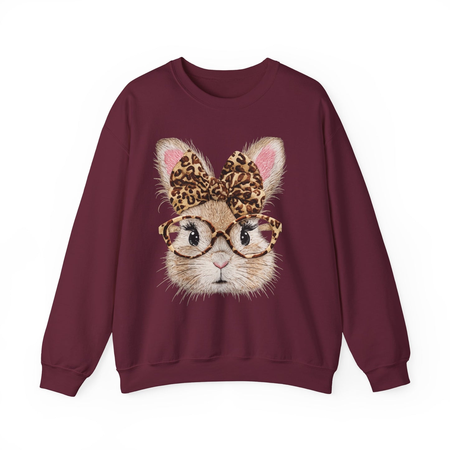Bunny with Leopard Bow Sweatshirt – Cute Bunny Face with Glasses Graphic Crewneck