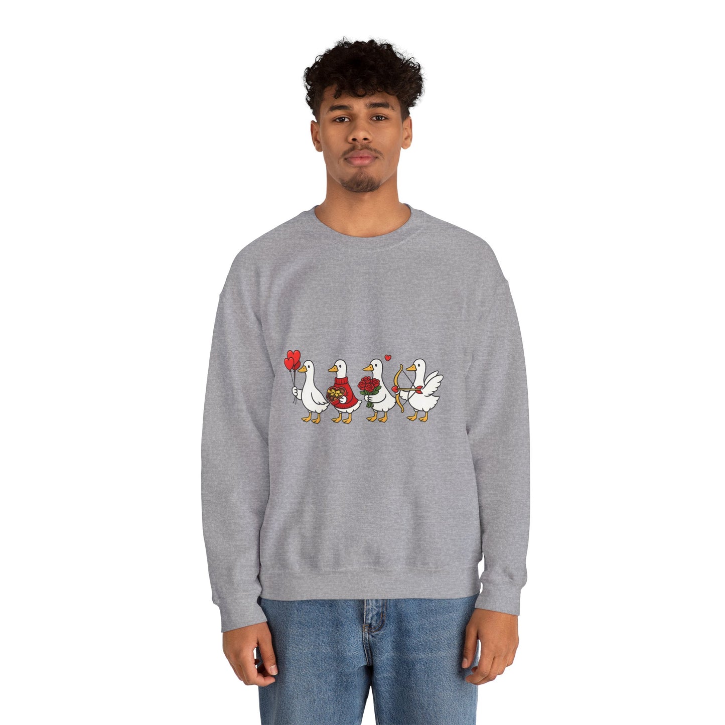 Geese Parade Crewneck Sweatshirt – Cute Valentine Ducks Holding Hearts Graphic