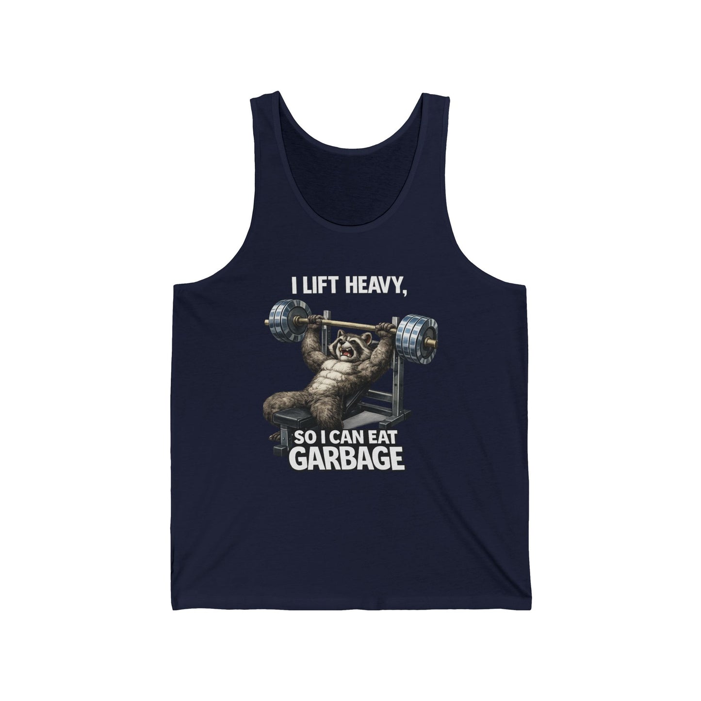 Tank Top — "I Lift Heavy So I Can Eat Garbage" Funny Raccoon Weightlifting Gym Tank