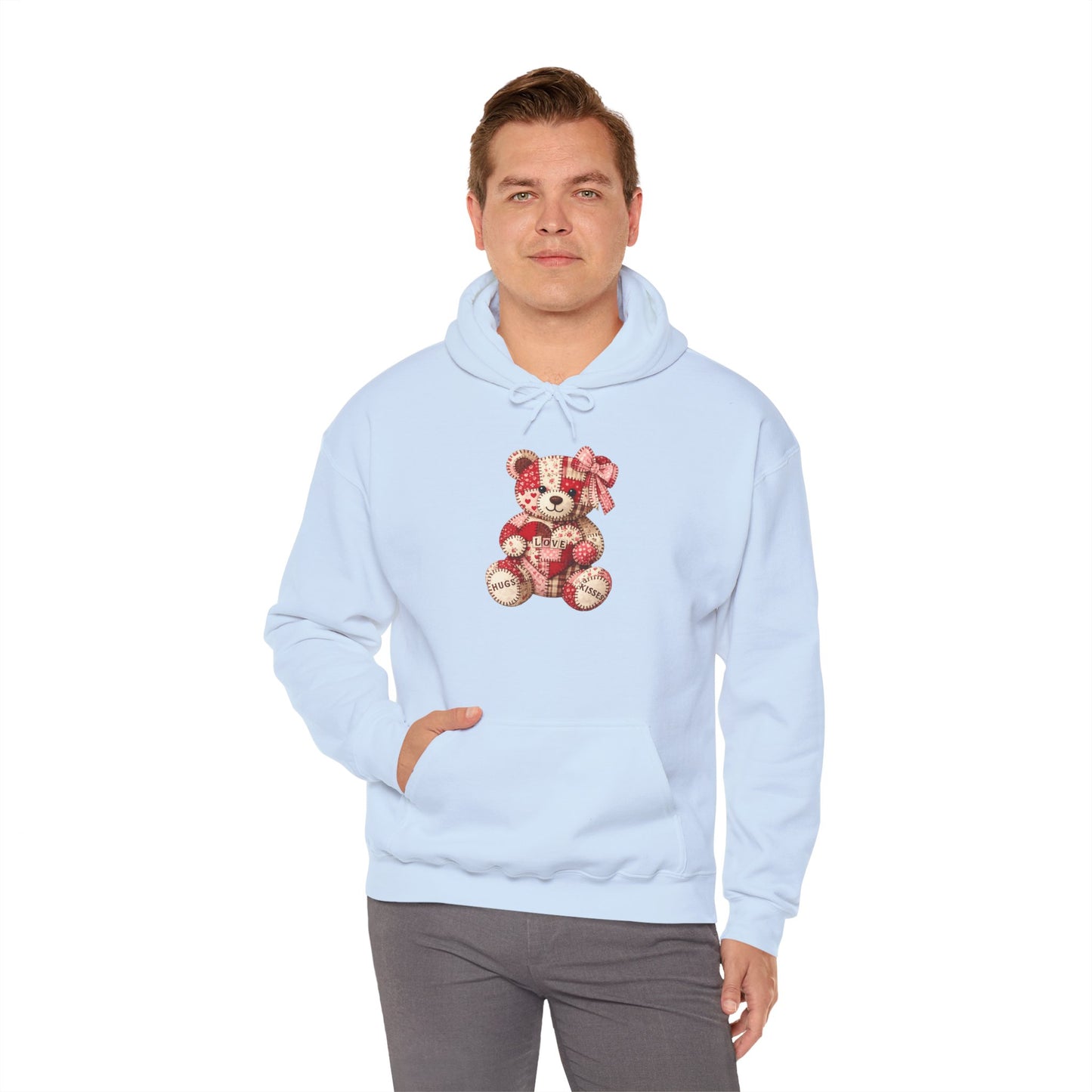 Teddy Bear Hoodie — Vintage Patchwork Bear Design with Bow