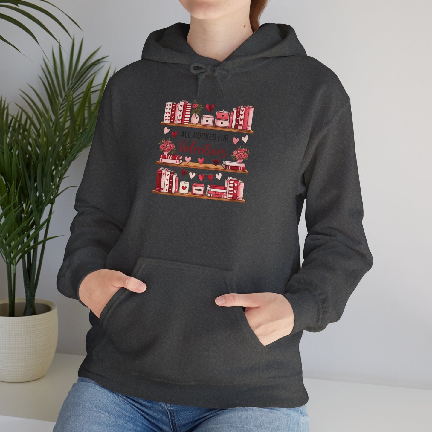 Valentine’s Day Cozy Hoodie – “All Booked for Valentine’s” Cute Bookshop Graphic