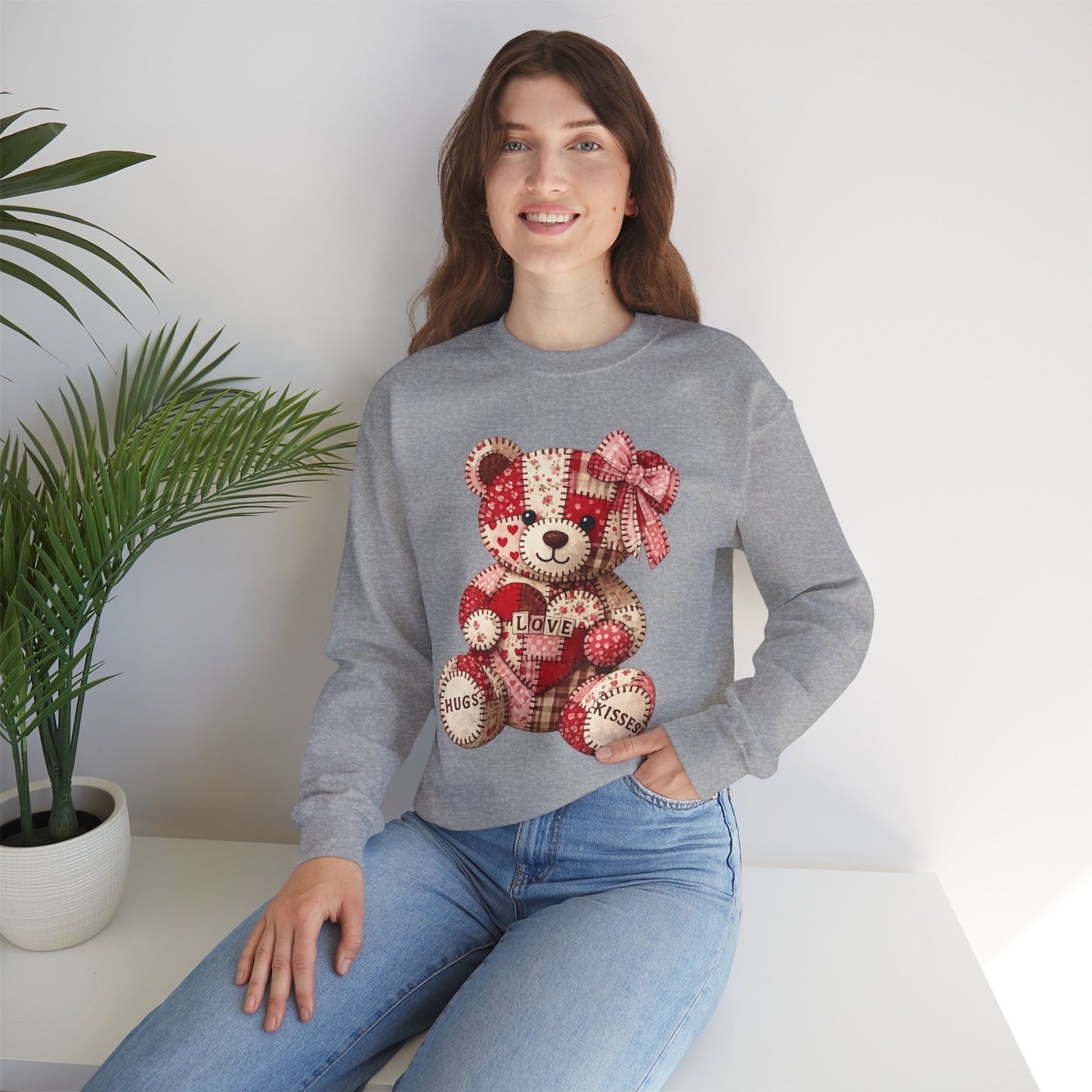 Valentine Patchwork Teddy Sweatshirt — 'Love' Hugs & Kisses Crewneck