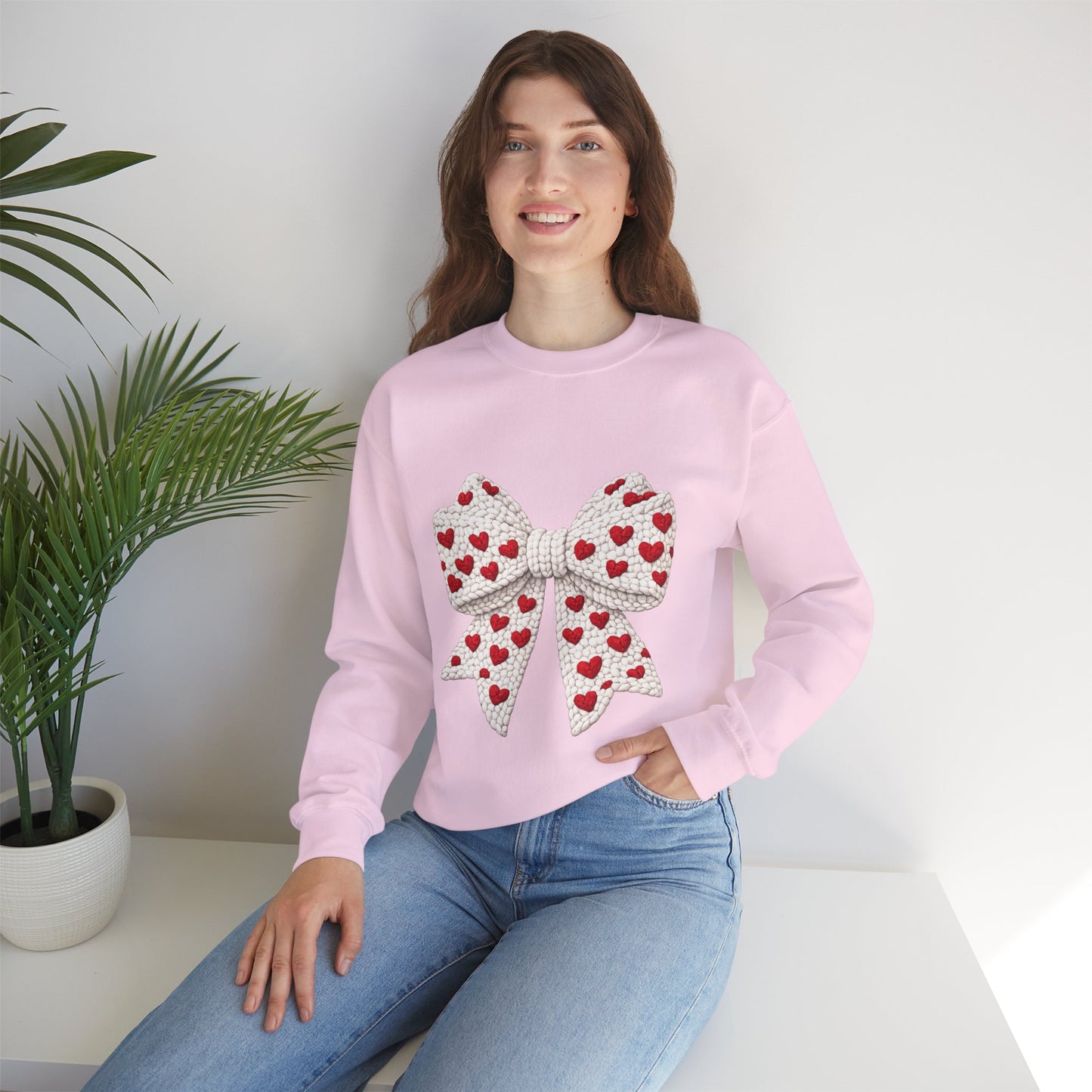 Crewneck Sweatshirt — Knit Heart Bow Graphic (Valentine’s Day, Cute Cozy Pullover)