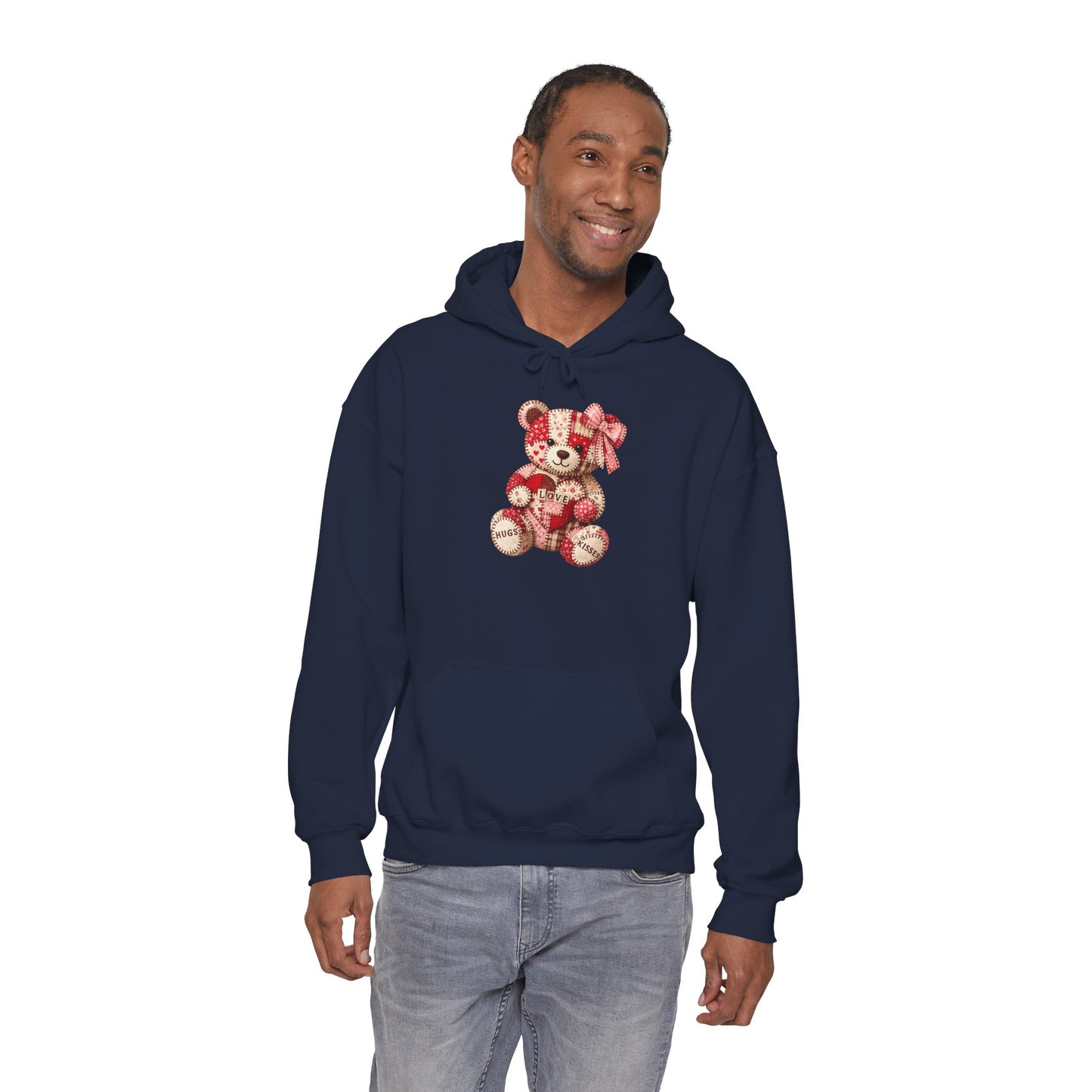 Teddy Bear Hoodie — Vintage Patchwork Bear Design with Bow