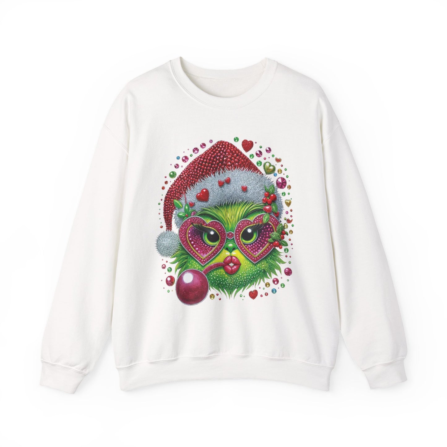 Christmas Grinch Cat Sweatshirt — Festive Santa Hat & Heart Sunglasses Holiday Crewneck