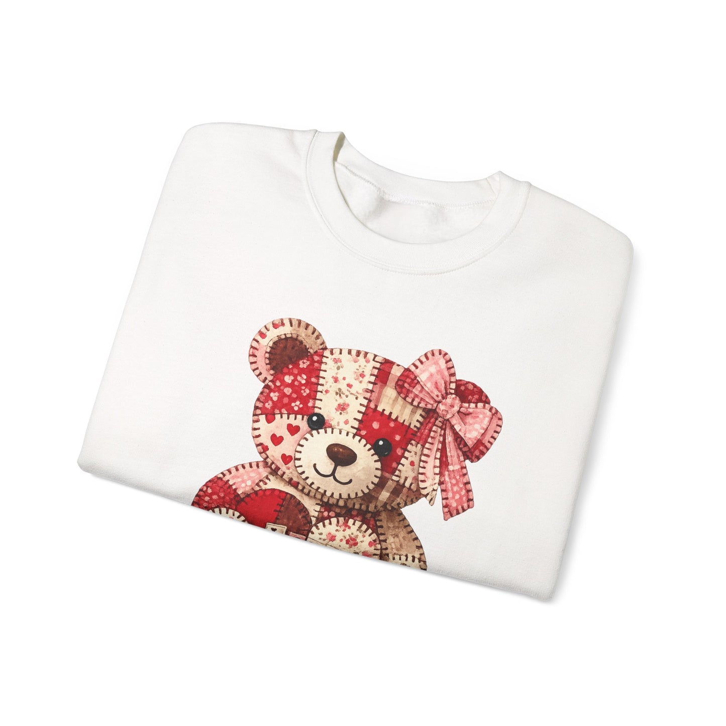 Valentine Patchwork Teddy Sweatshirt — 'Love' Hugs & Kisses Crewneck
