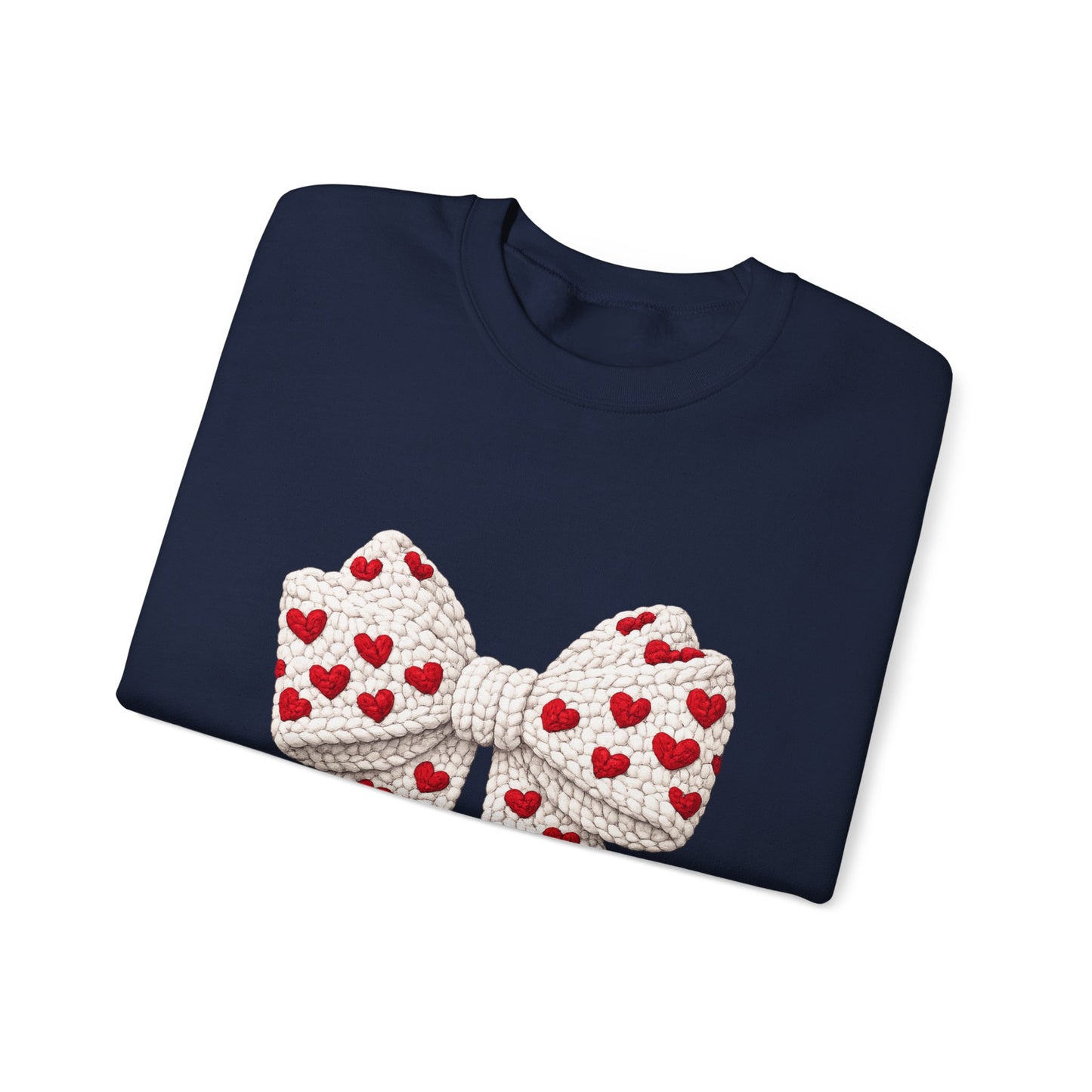 Crewneck Sweatshirt — Knit Heart Bow Graphic (Valentine’s Day, Cute Cozy Pullover)
