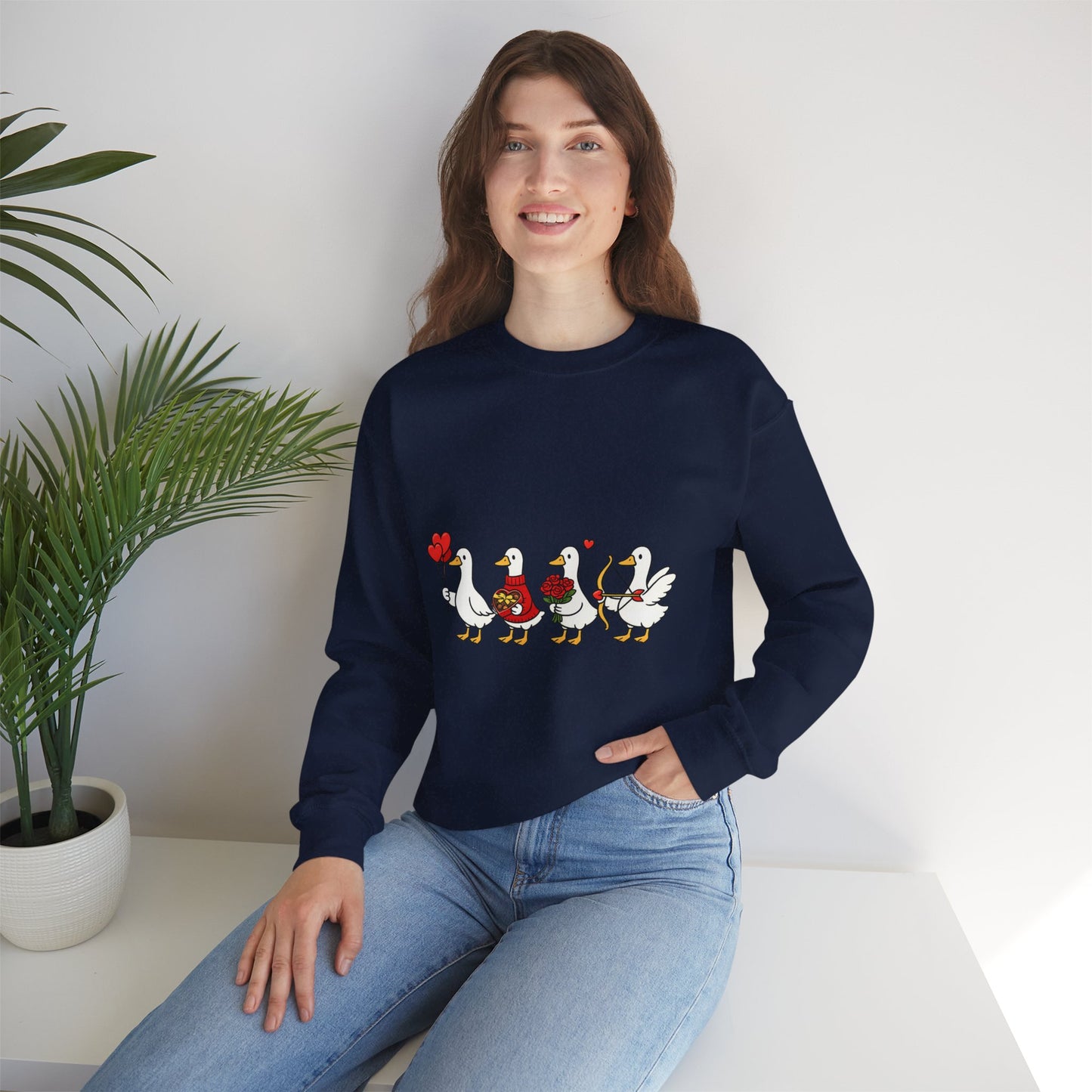 Geese Parade Crewneck Sweatshirt – Cute Valentine Ducks Holding Hearts Graphic