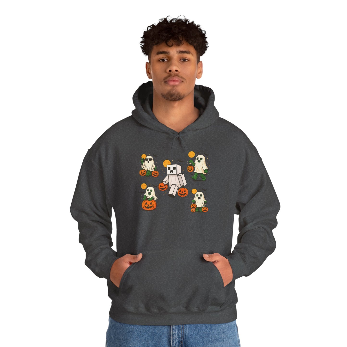Halloween Themed Unisex Hoodie, Cozy Fall  Hoodie, Pumpkin Ghost Design, Autumn Apparel, Perfect for Trick-or-Treating