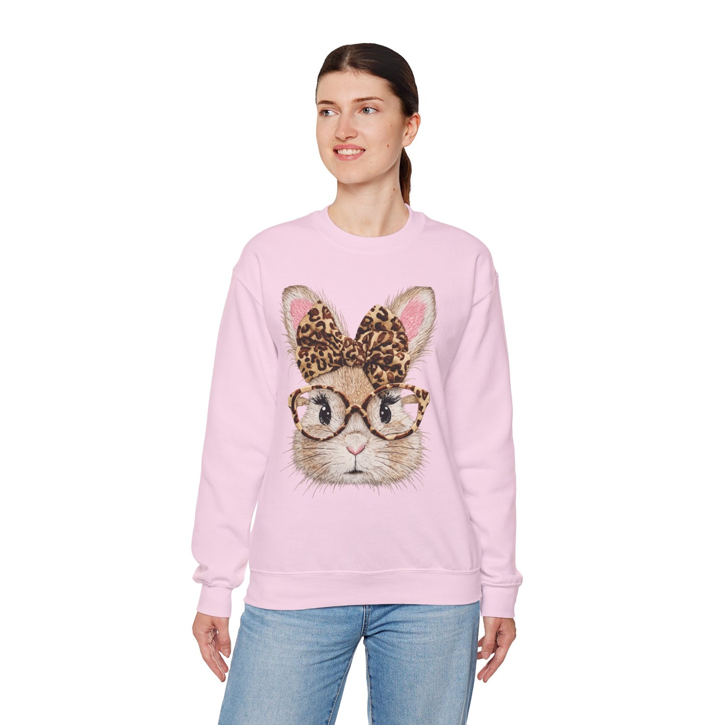 Bunny with Leopard Bow Sweatshirt – Cute Bunny Face with Glasses Graphic Crewneck