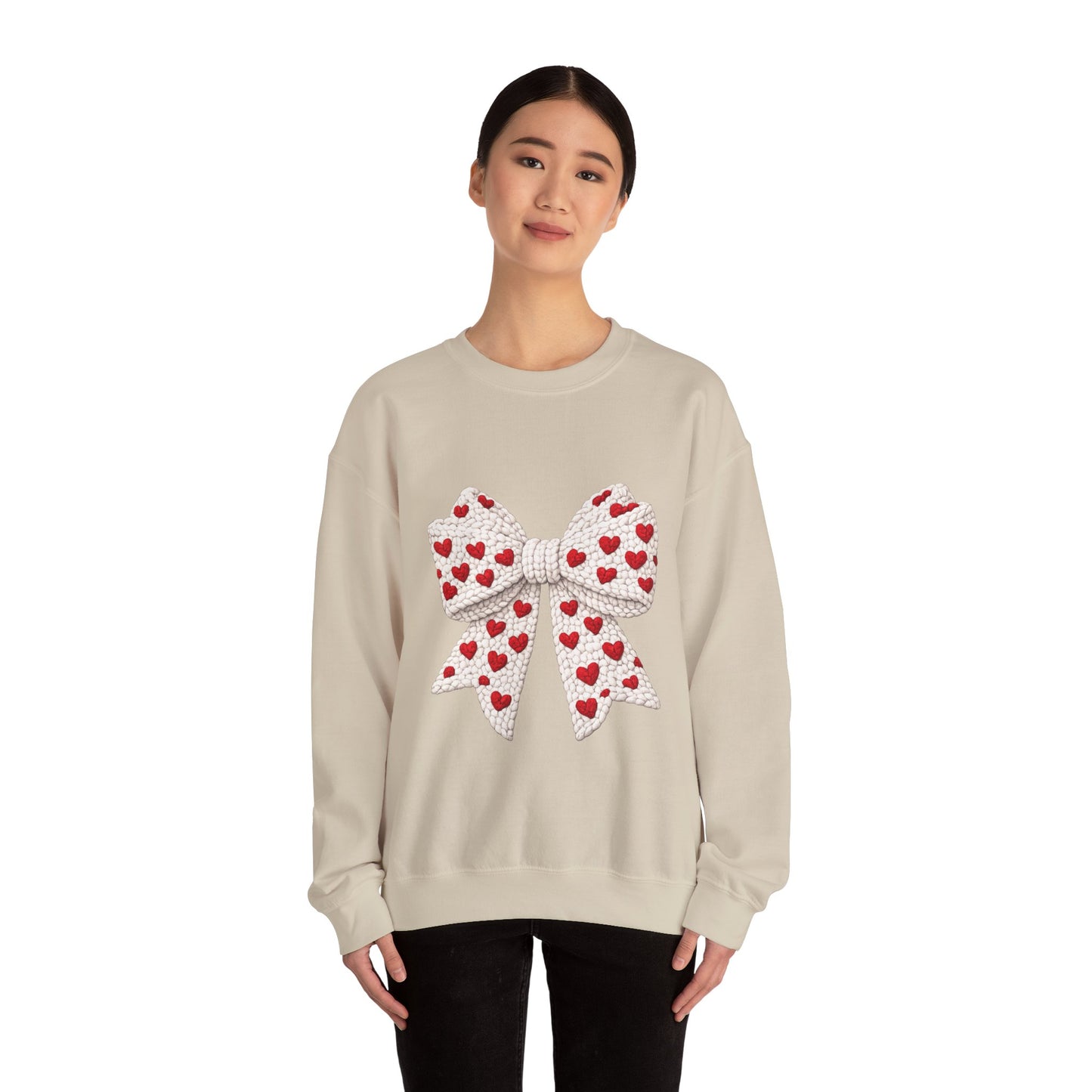 Crewneck Sweatshirt — Knit Heart Bow Graphic (Valentine’s Day, Cute Cozy Pullover)