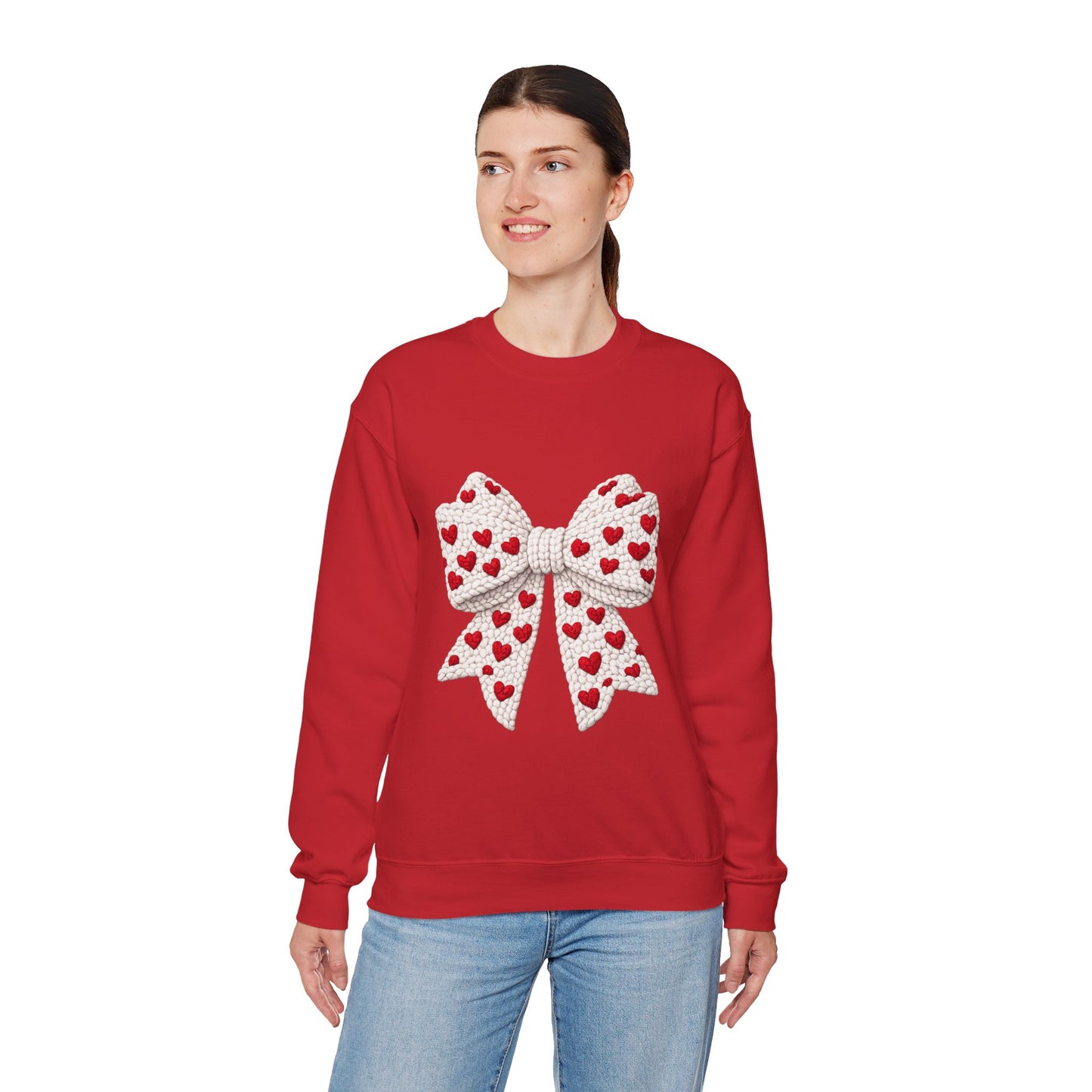 Crewneck Sweatshirt — Knit Heart Bow Graphic (Valentine’s Day, Cute Cozy Pullover)