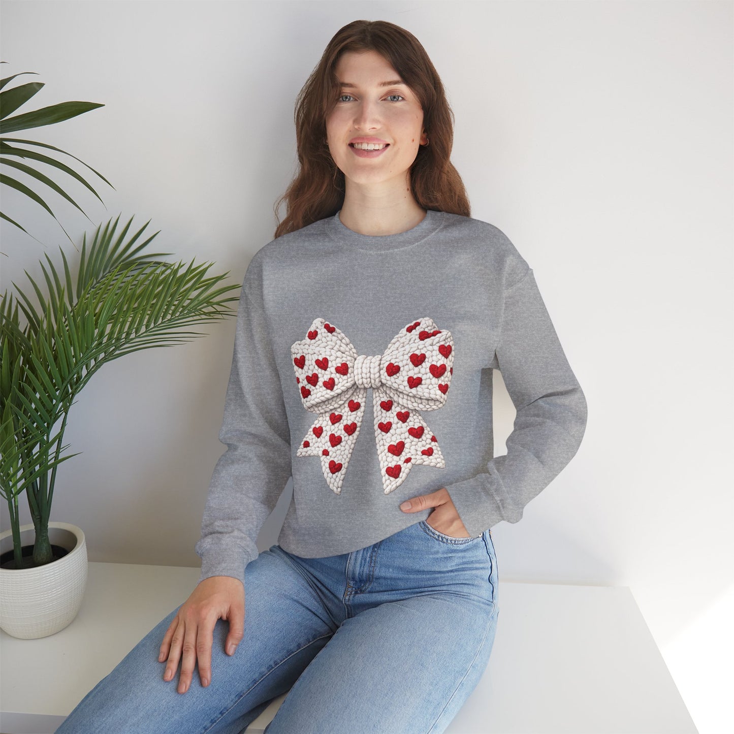 Crewneck Sweatshirt — Knit Heart Bow Graphic (Valentine’s Day, Cute Cozy Pullover)