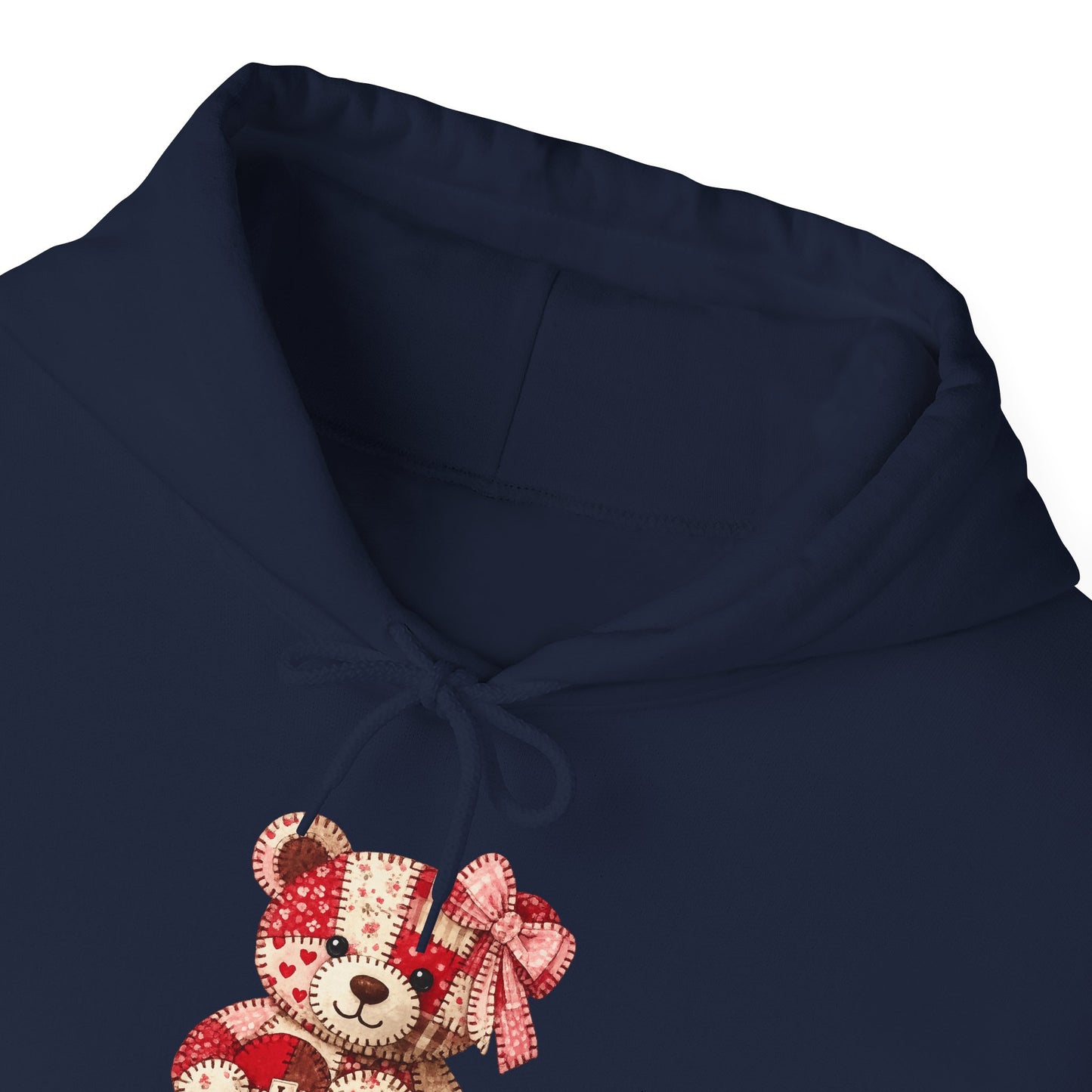 Teddy Bear Hoodie — Vintage Patchwork Bear Design with Bow