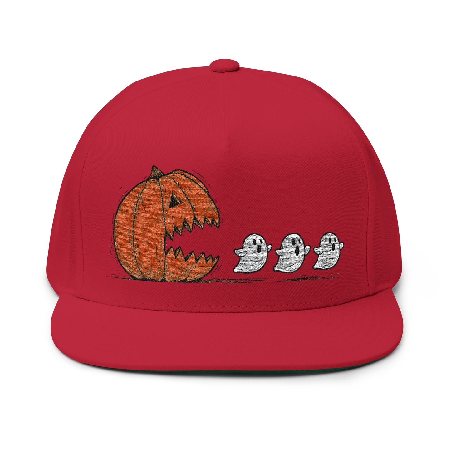 Halloween Pumpkin Ghost Flat Bill Cap, Spooky Hat, Embroidered Cap for Trick-or-Treat, Fun Costume Accessory, Fall Fashion, Gifting Ideas