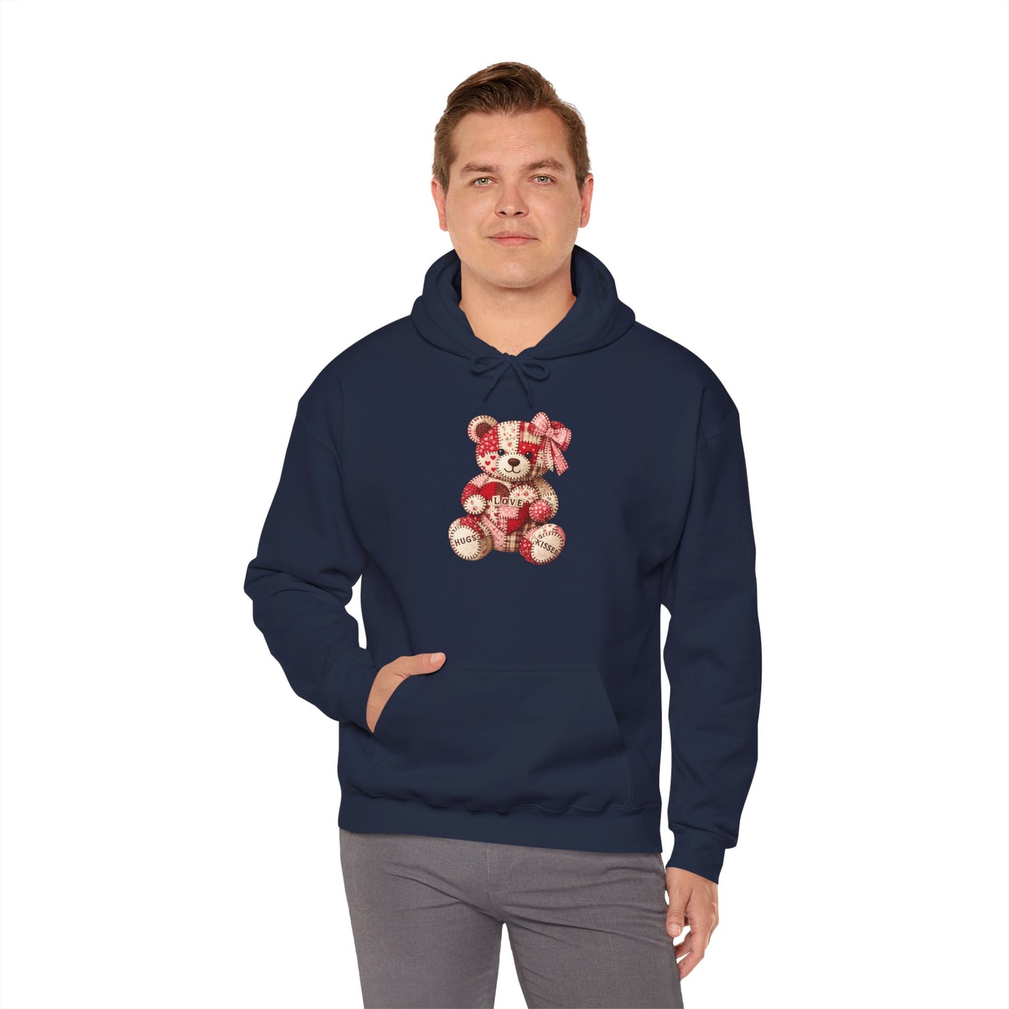 Teddy Bear Hoodie — Vintage Patchwork Bear Design with Bow