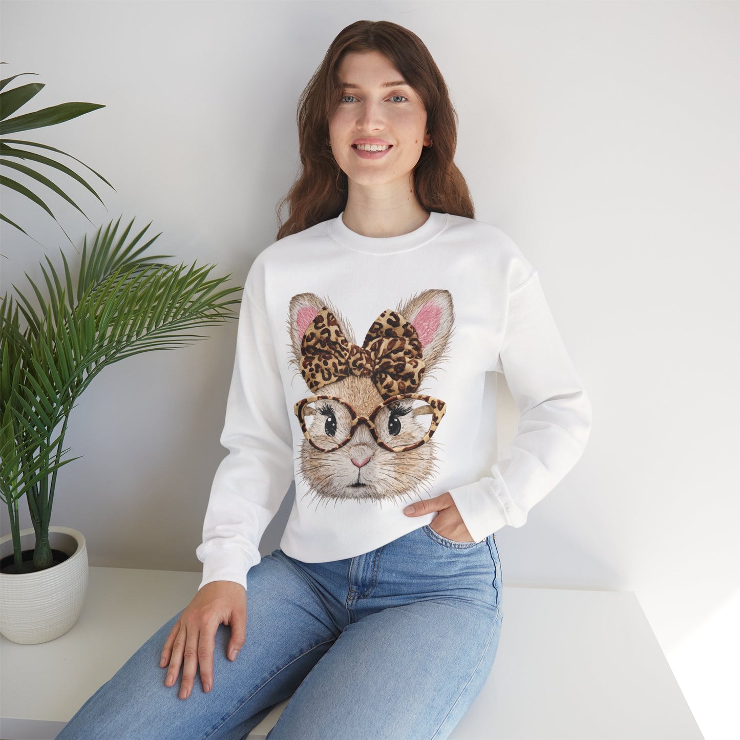 Bunny with Leopard Bow Sweatshirt – Cute Bunny Face with Glasses Graphic Crewneck