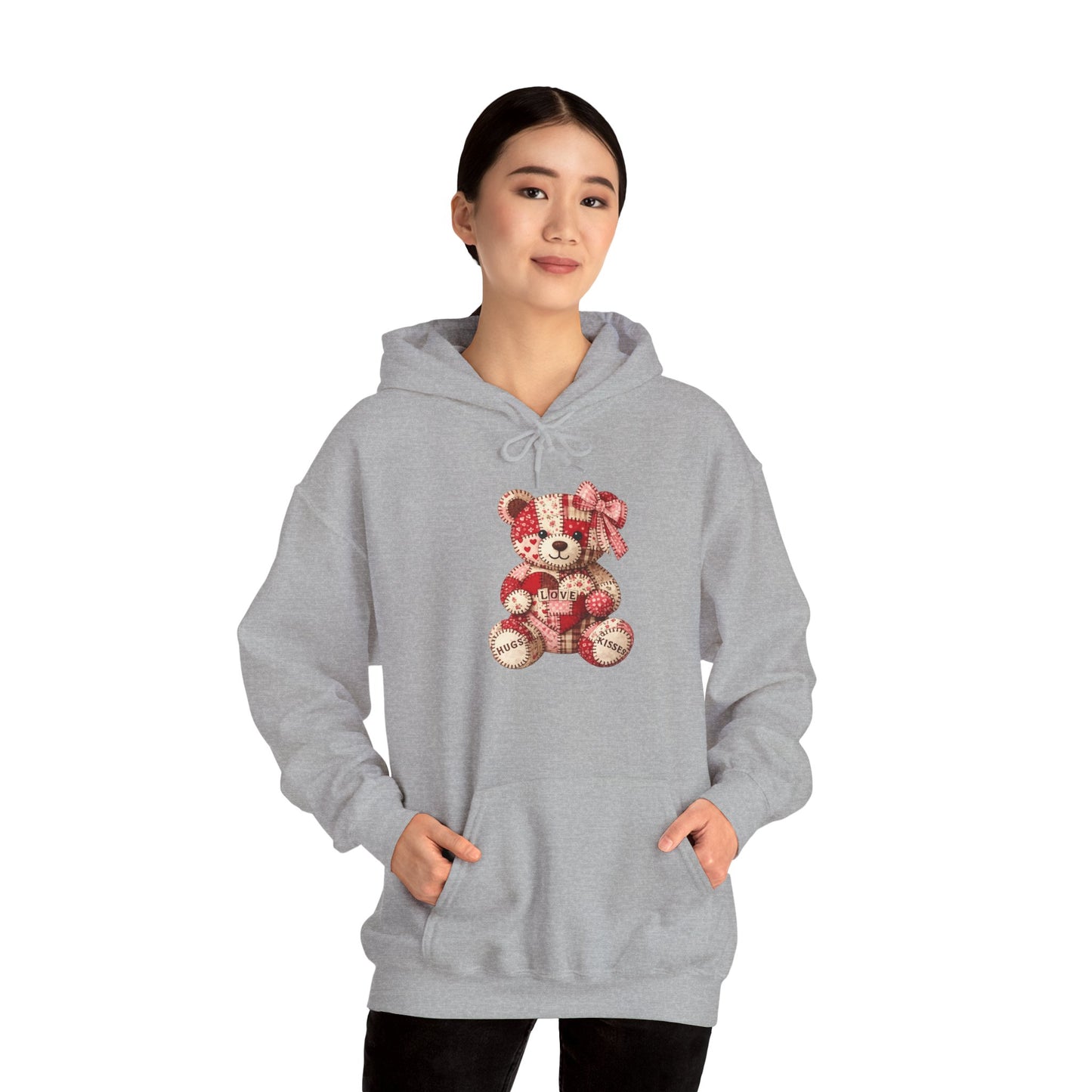 Teddy Bear Hoodie — Vintage Patchwork Bear Design with Bow