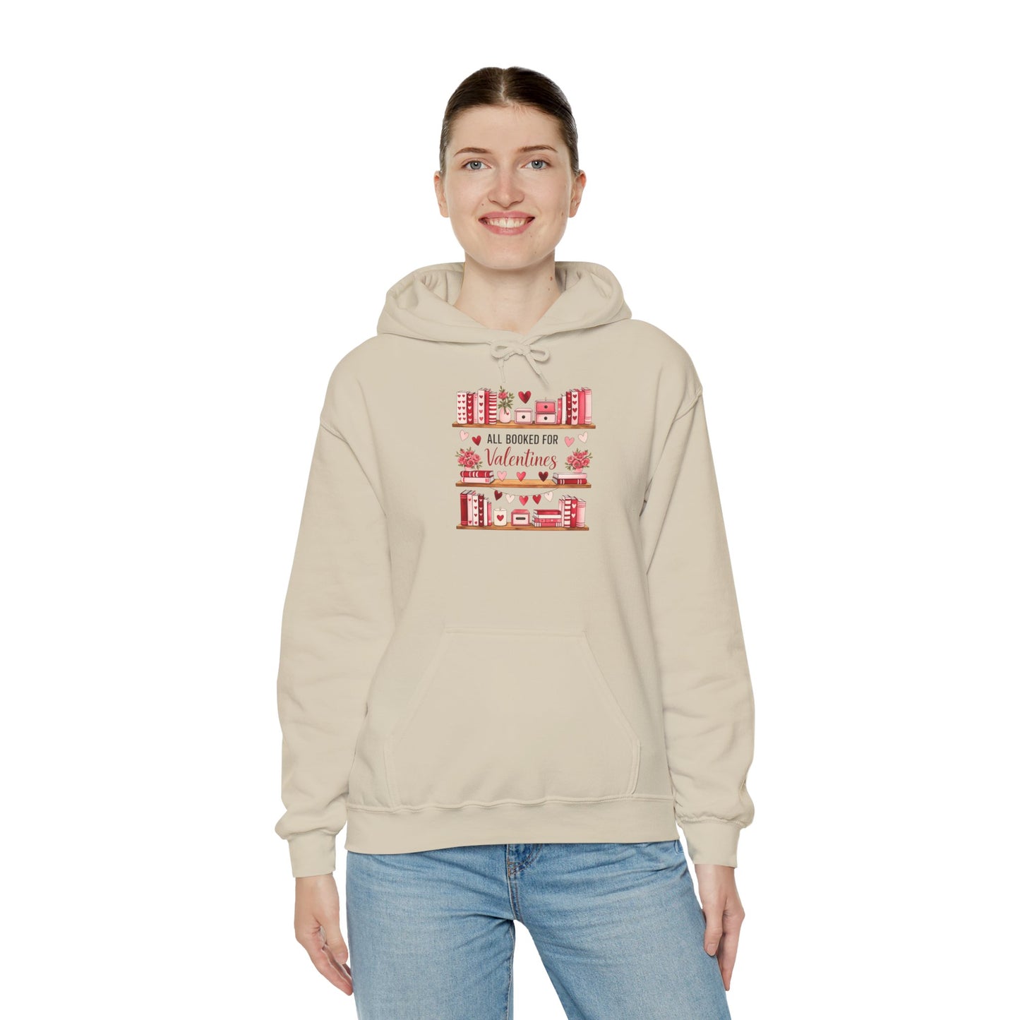 Valentine’s Day Cozy Hoodie – “All Booked for Valentine’s” Cute Bookshop Graphic