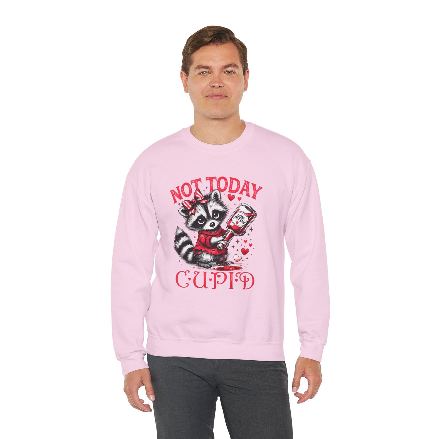 Not Today Cupid Sweatshirt — Cute Raccoon Anti-Valentine Crewneck