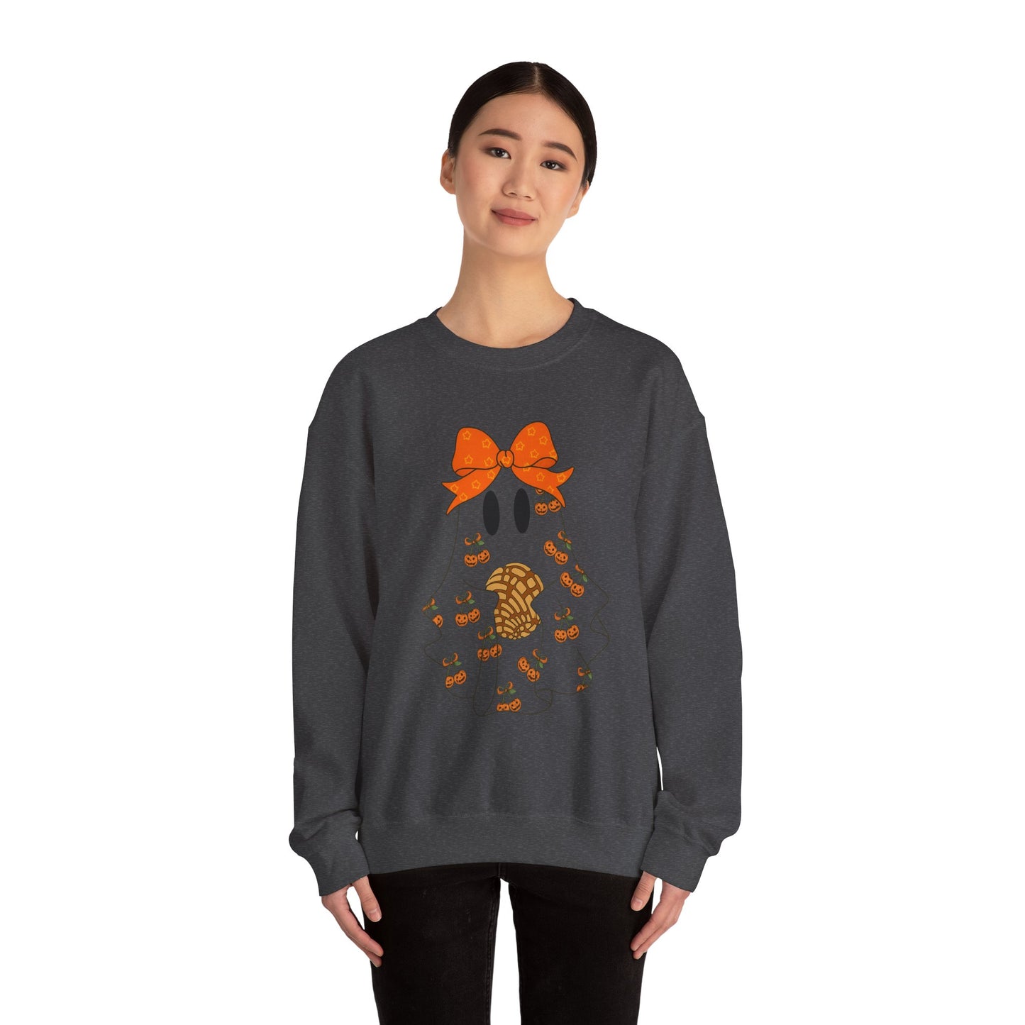 Cute Ghost with Bow Sweatshirt, Halloween Gift, Cozy Crewneck, Unisex Pullover, Fall Fashion, Seasonal Apparel