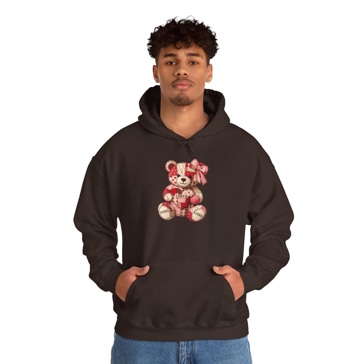 Teddy Bear Hoodie — Vintage Patchwork Bear Design with Bow