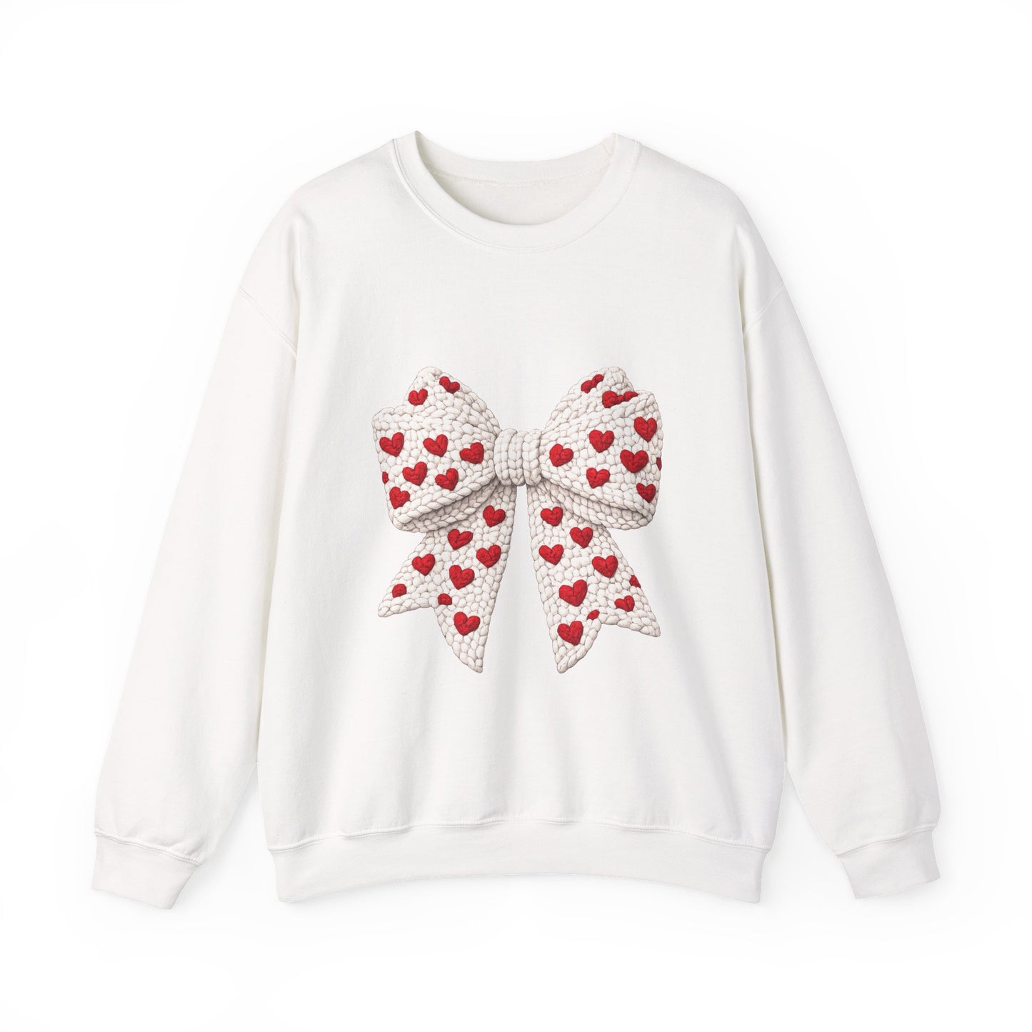 Crewneck Sweatshirt — Knit Heart Bow Graphic (Valentine’s Day, Cute Cozy Pullover)