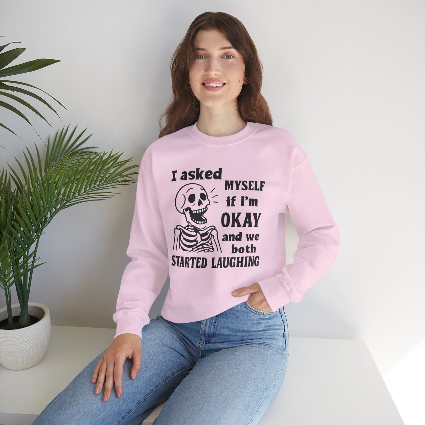 Funny Skeleton Sweatshirt, Unisex Crewneck for Comfort, Perfect for Halloween, Casual Wear, Gift for Friends, Cozy Laughs