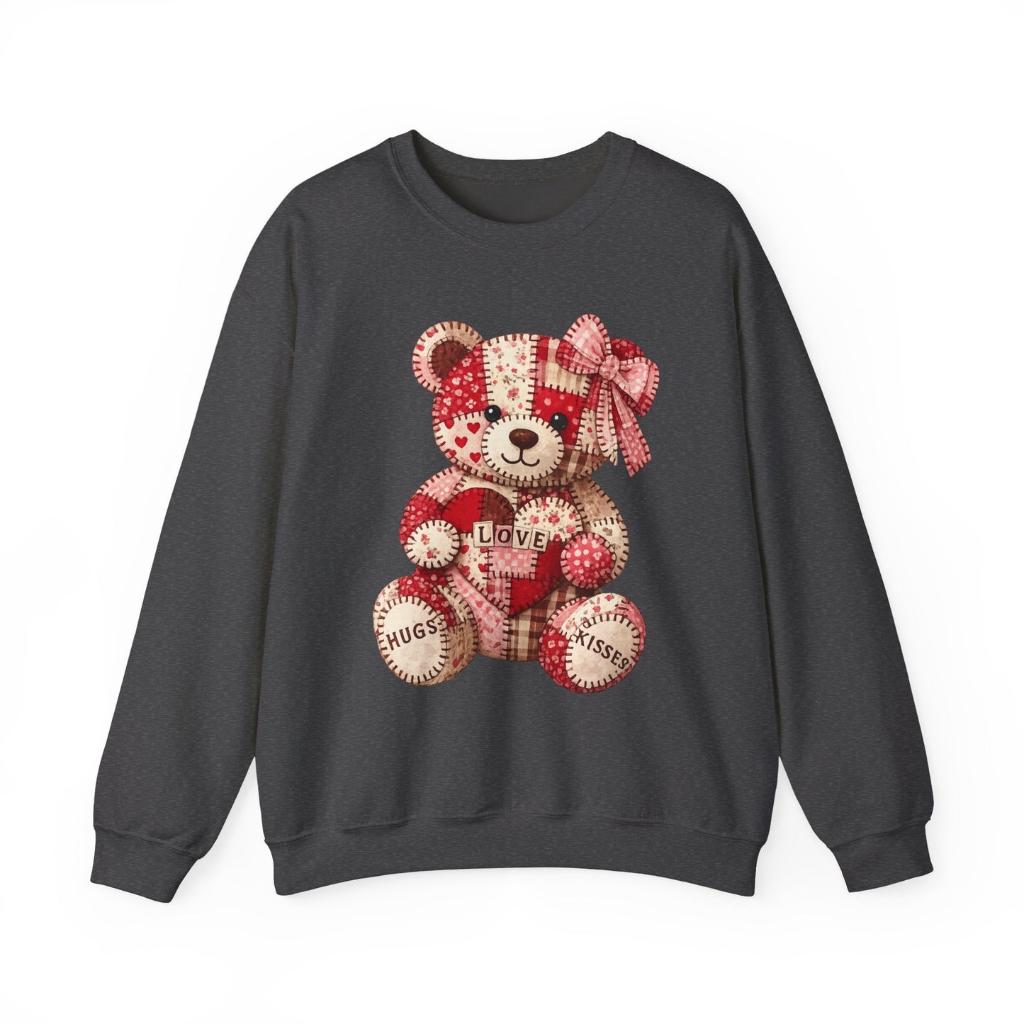 Valentine Patchwork Teddy Sweatshirt — 'Love' Hugs & Kisses Crewneck